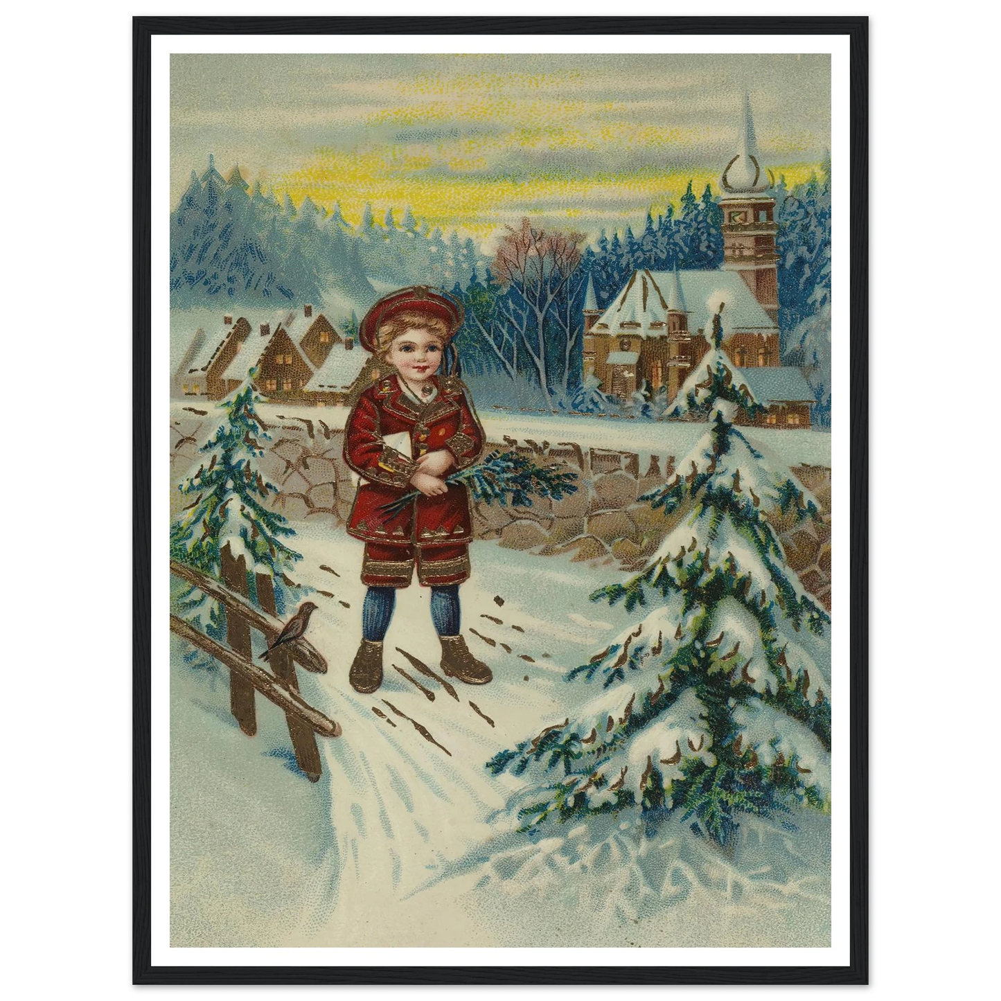 Boy With Pine Sprig In Snow - Framed Poster - 30x40 cm / 12x16″ - Black frame