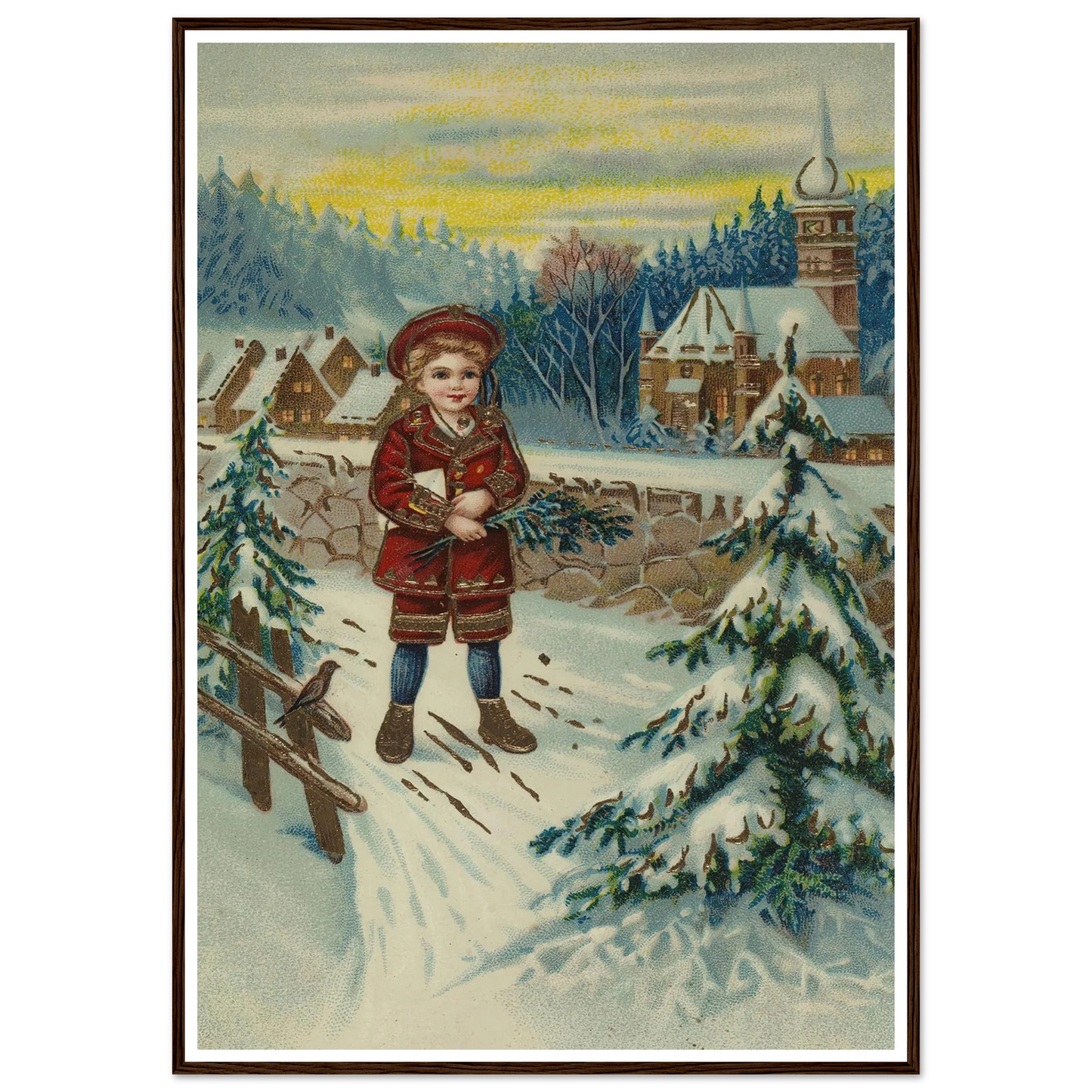 Boy With Pine Sprig In Snow - Framed Poster - 30x40 cm / 12x16″ - Black frame