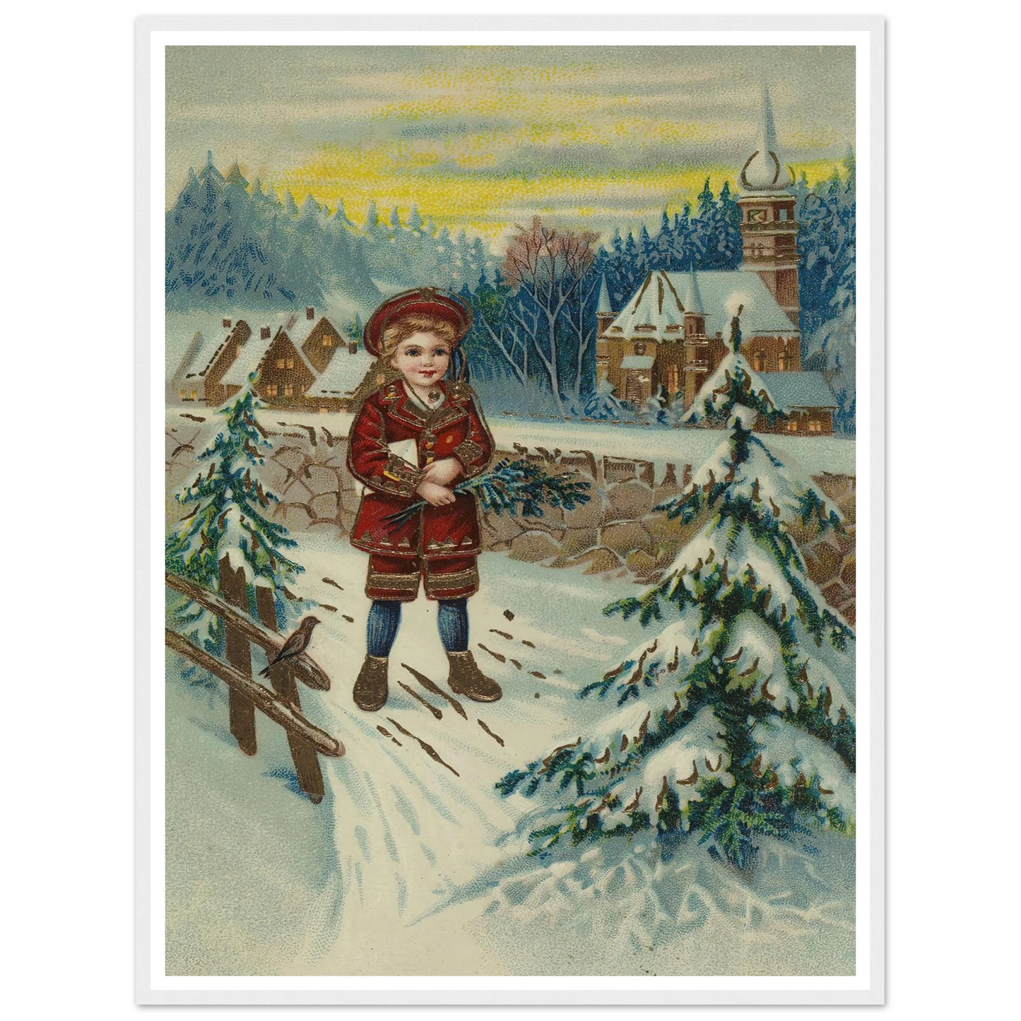 Boy With Pine Sprig In Snow - Framed Poster - 30x40 cm / 12x16″ - Black frame