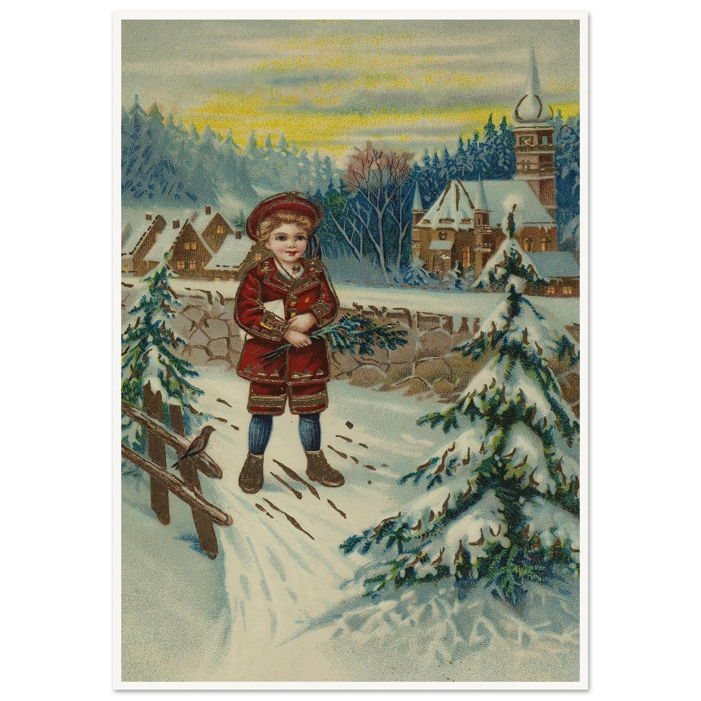 Boy With Pine Sprig In Snow - Framed Poster - 30x40 cm / 12x16″ - Black frame