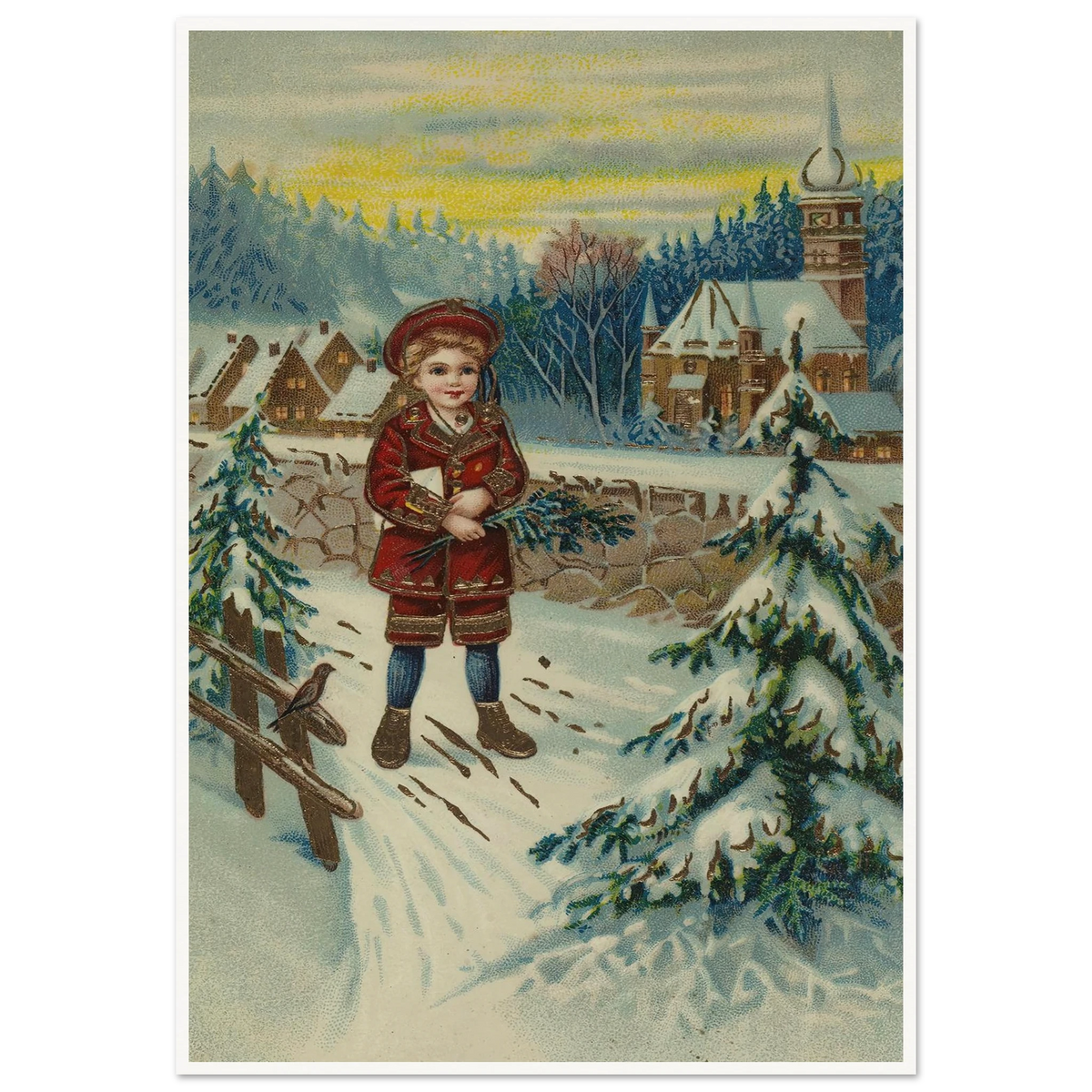 Boy With Pine Sprig In Snow - Framed Poster - 30x40 cm / 12x16″ - Black frame