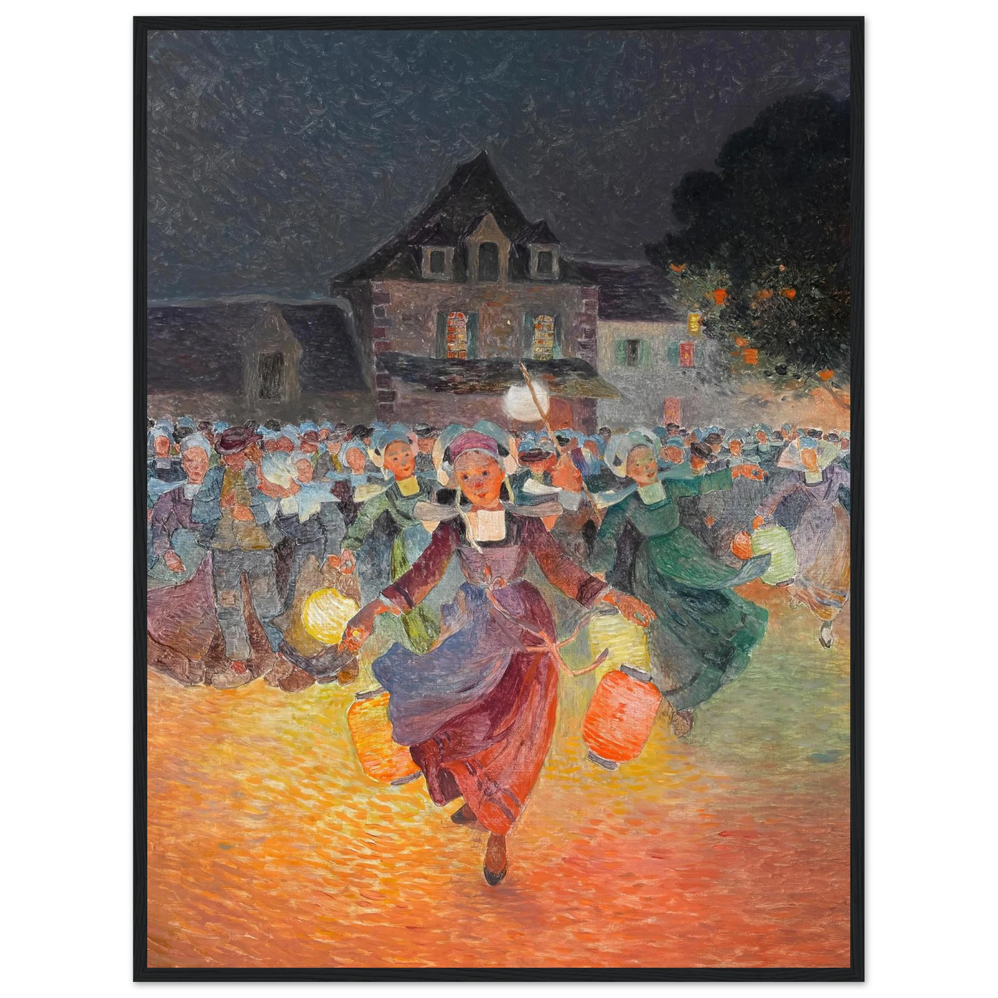 Breton Women with Lamps Art Print | Ferdinand du Puigaudeau - Framed Poster - 30x40 cm / 12x16″ - Black frame