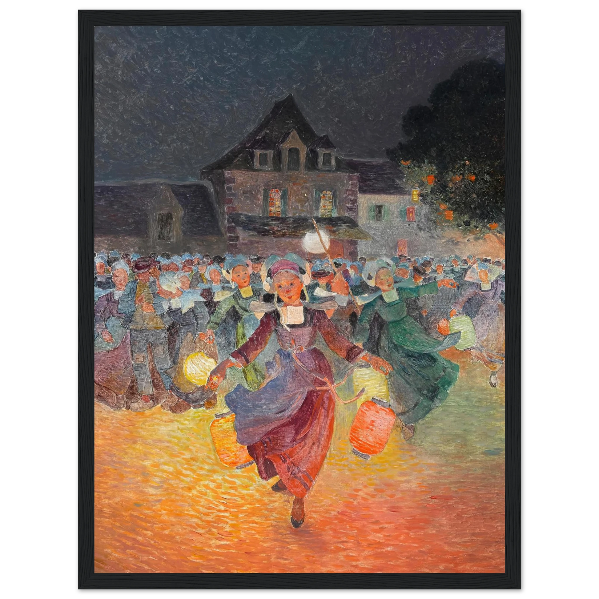 Breton Women with Lamps Art Print | Ferdinand du Puigaudeau - Framed Poster - 30x40 cm / 12x16″ - Black frame