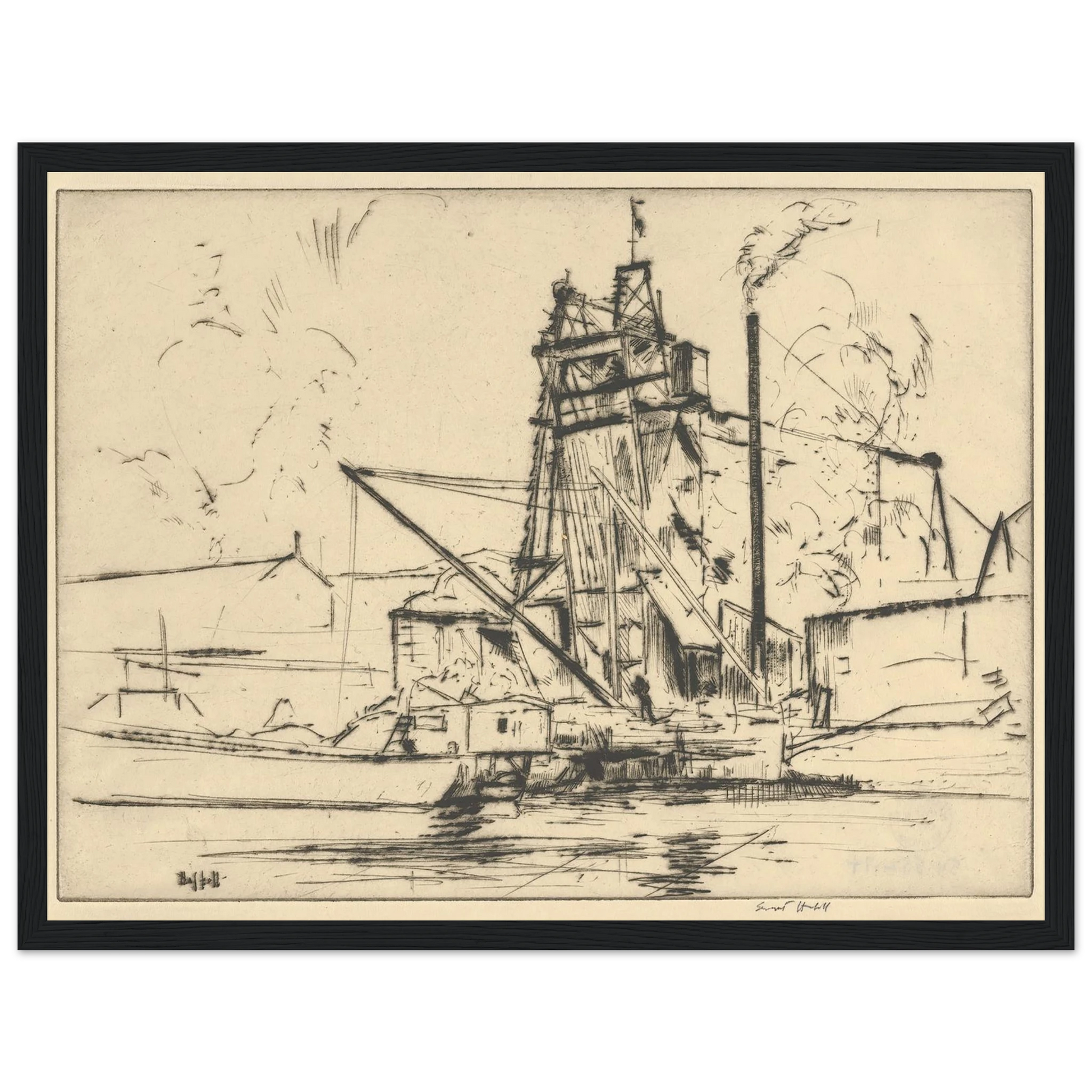 Bridgeport Docks (probably 1918) Art Print | Ernest Haskell - Framed Poster - 30x40 cm / 12x16″ - Black frame