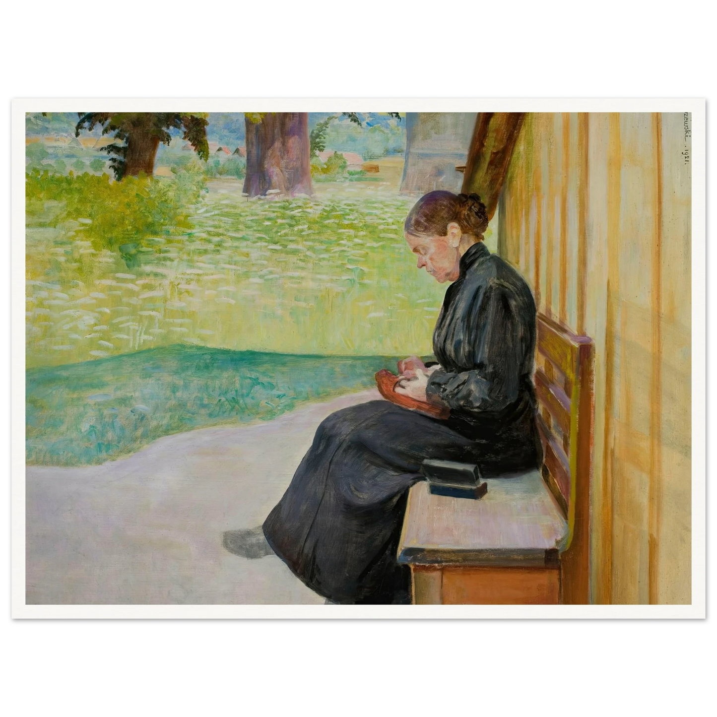 Bronisława, artist’s sister, in front of the house (1921) Art Print | Jacek Malczewski - Framed Poster - 30x40 cm / 12x16″ - Black frame