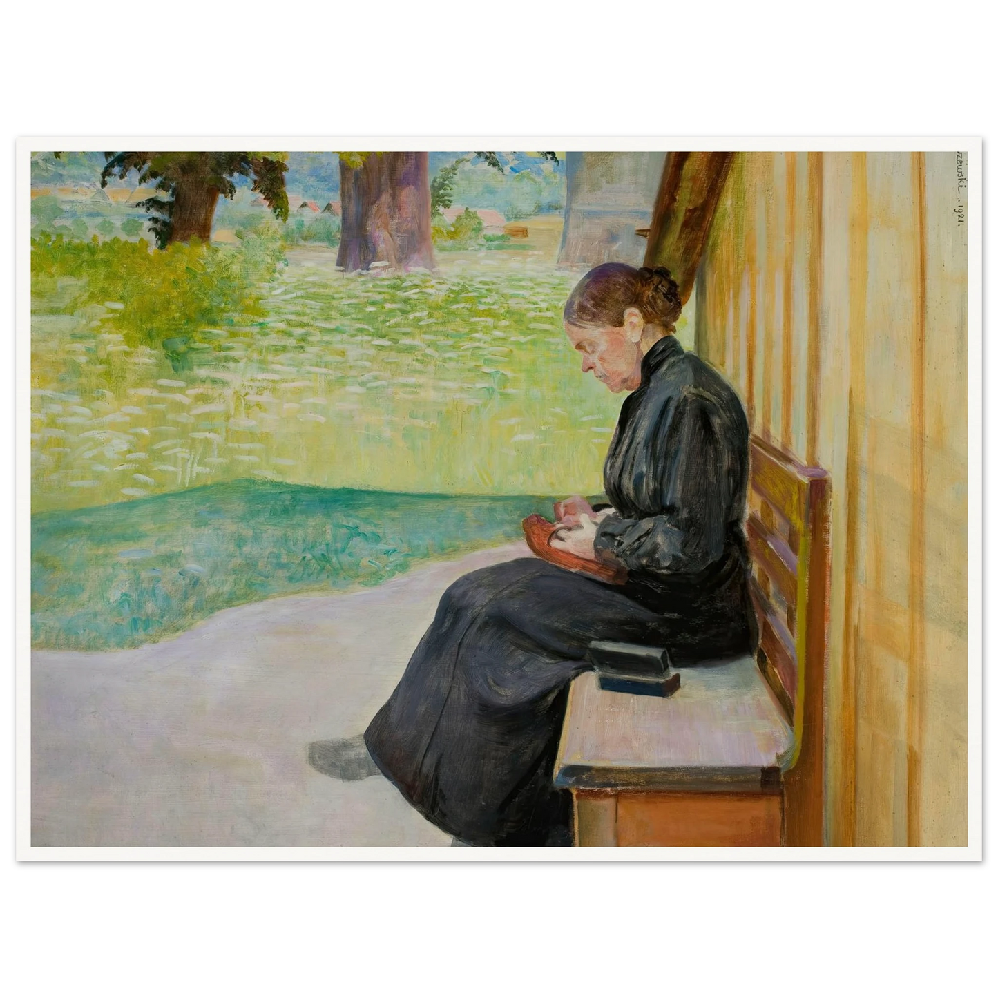 Bronisława, artist’s sister, in front of the house (1921) Art Print | Jacek Malczewski - Framed Poster - 30x40 cm / 12x16″ - Black frame