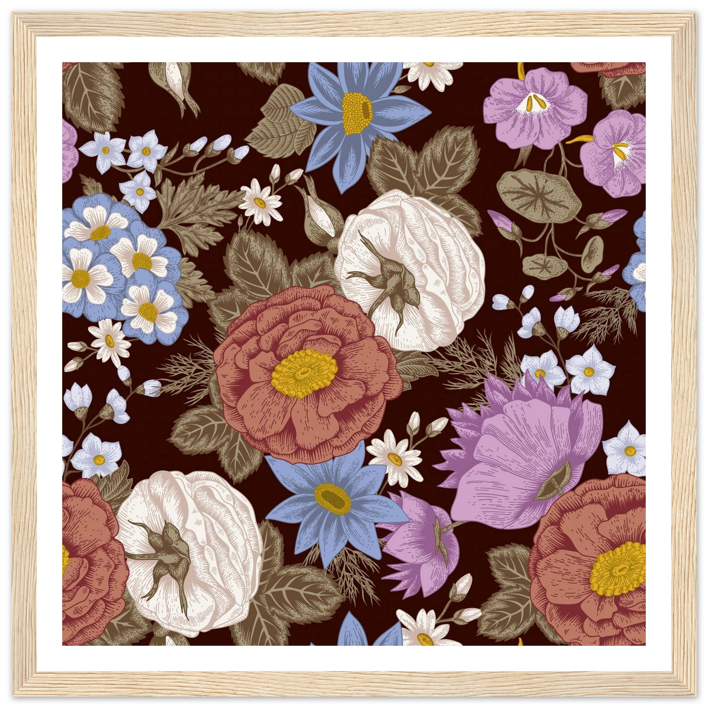 Burgundy Garden Riot Art Print | William Morris Inspired - Framed Poster - 30x30 cm / 12x12″ - Black frame