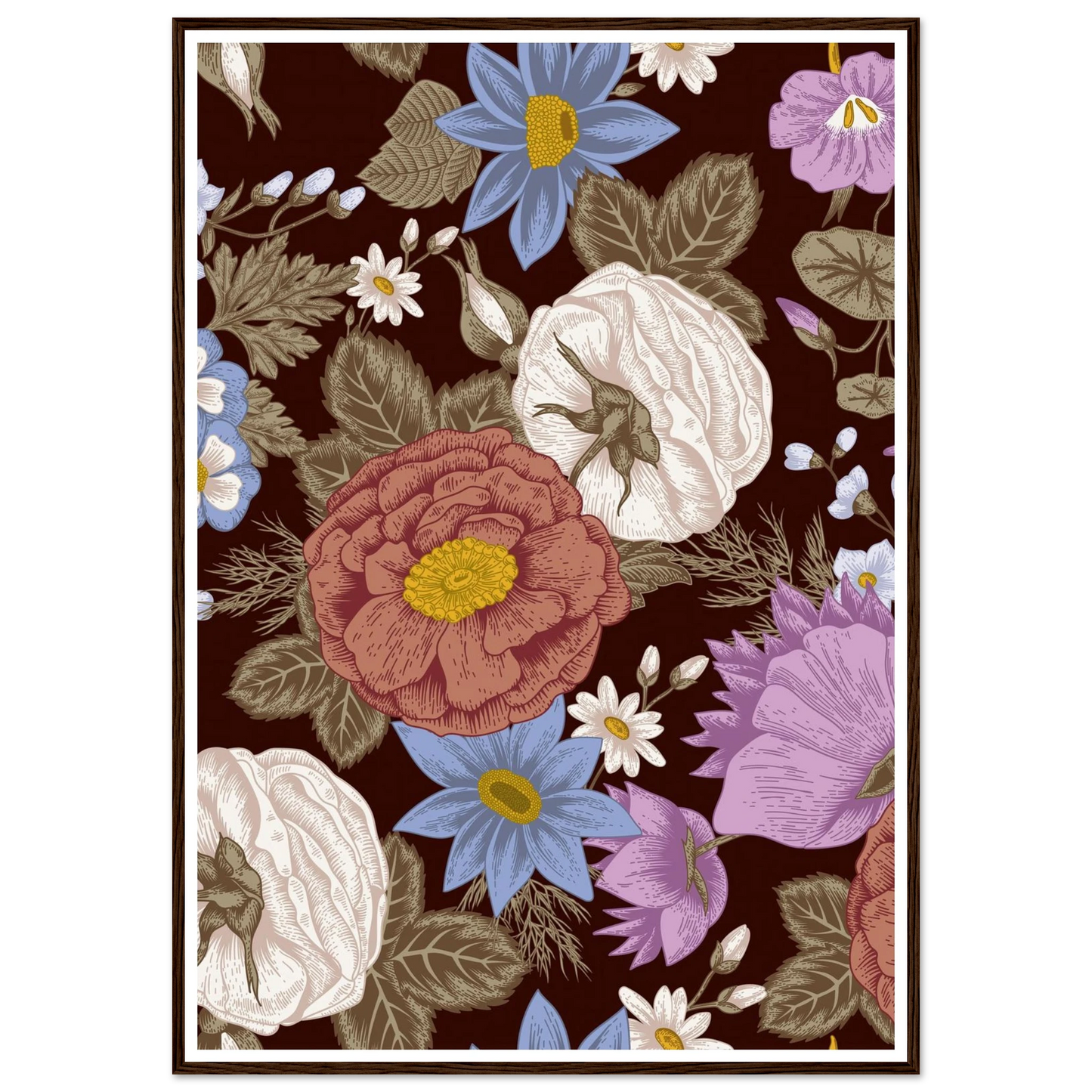 Burgundy Garden Riot Art Print | William Morris Inspired - Framed Poster - 30x30 cm / 12x12″ - Black frame