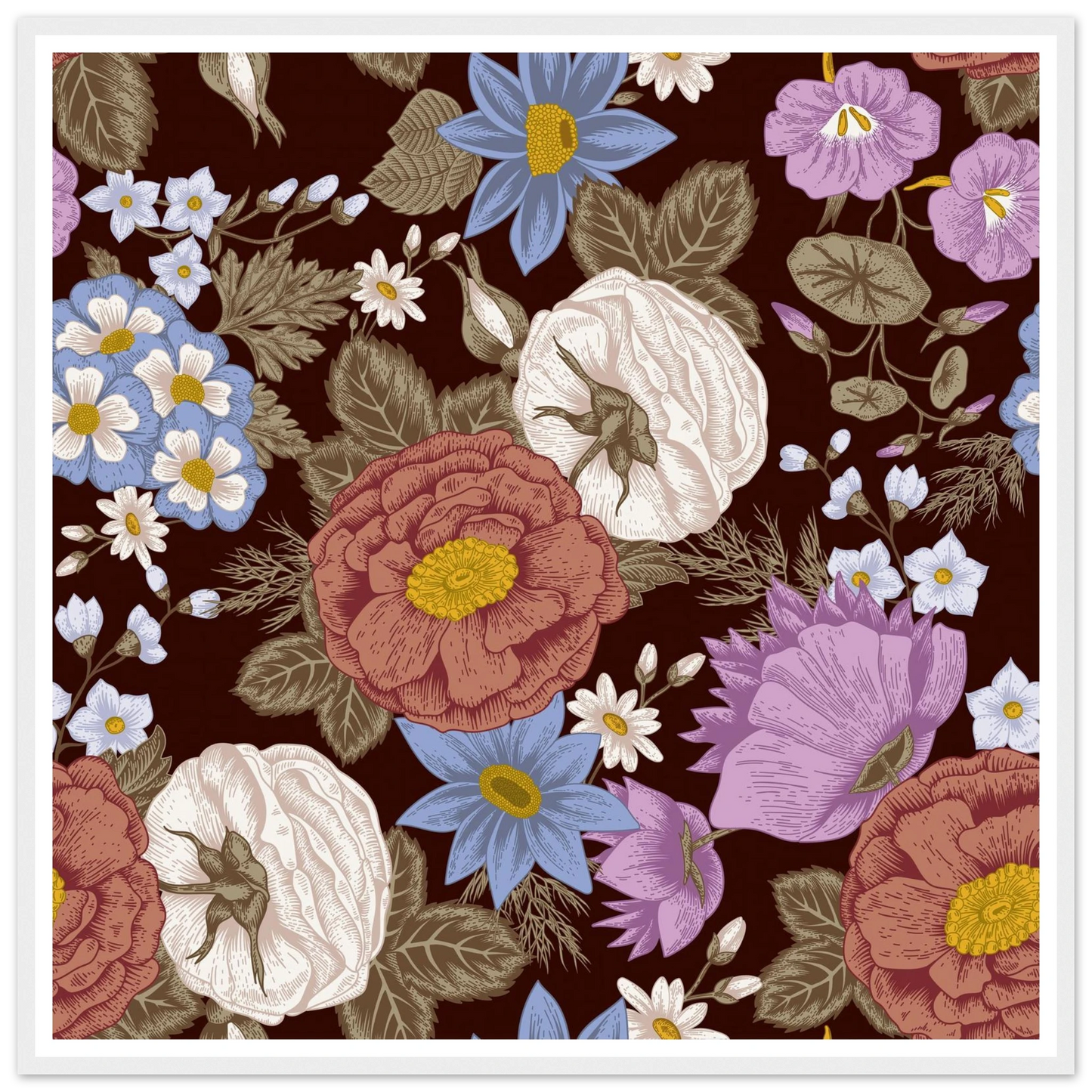 Burgundy Garden Riot Art Print | William Morris Inspired - Framed Poster - 30x30 cm / 12x12″ - Black frame