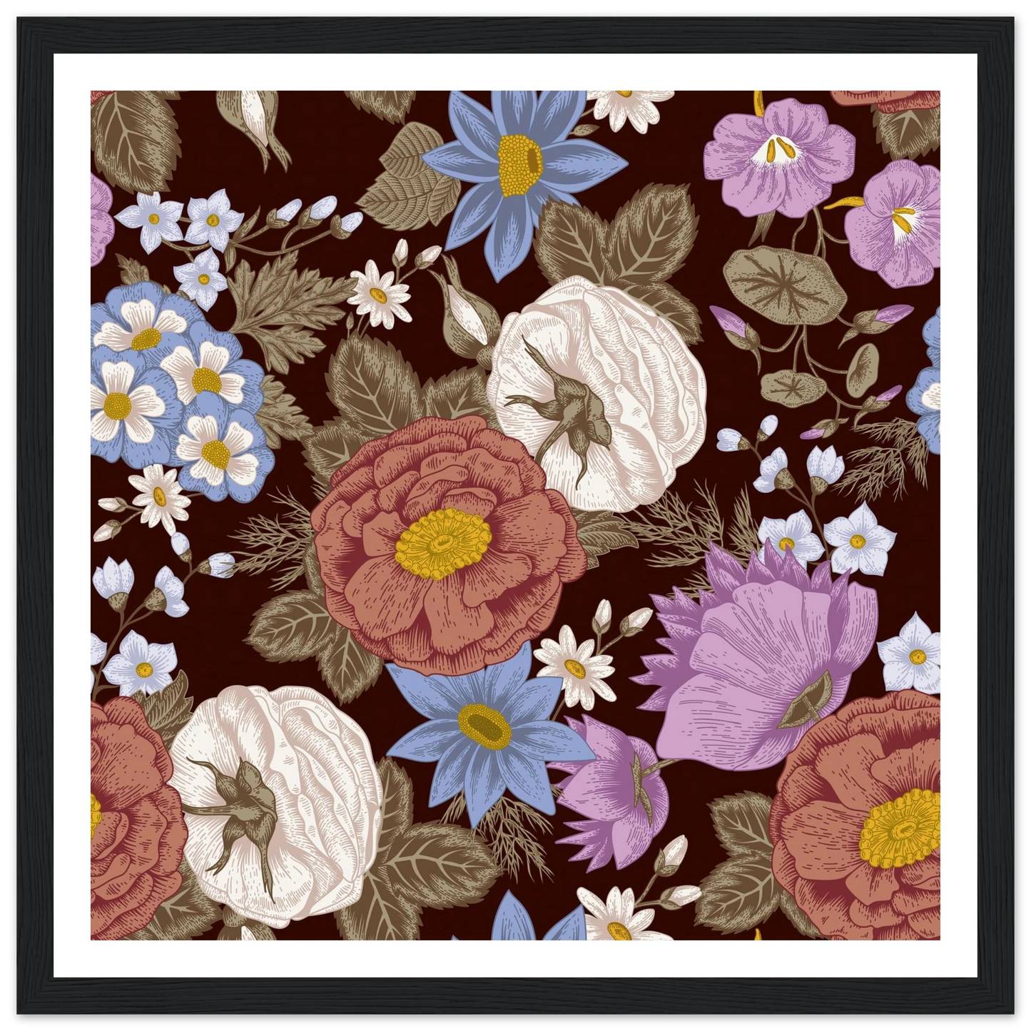 Burgundy Garden Riot Art Print | William Morris Inspired - Framed Poster - 30x30 cm / 12x12″ - Black frame