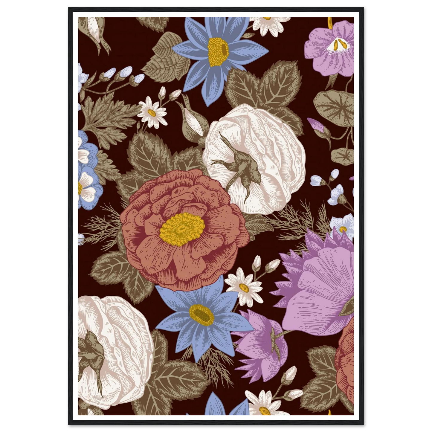 Burgundy Garden Riot Art Print | William Morris Inspired - Framed Poster - 30x30 cm / 12x12″ - Black frame