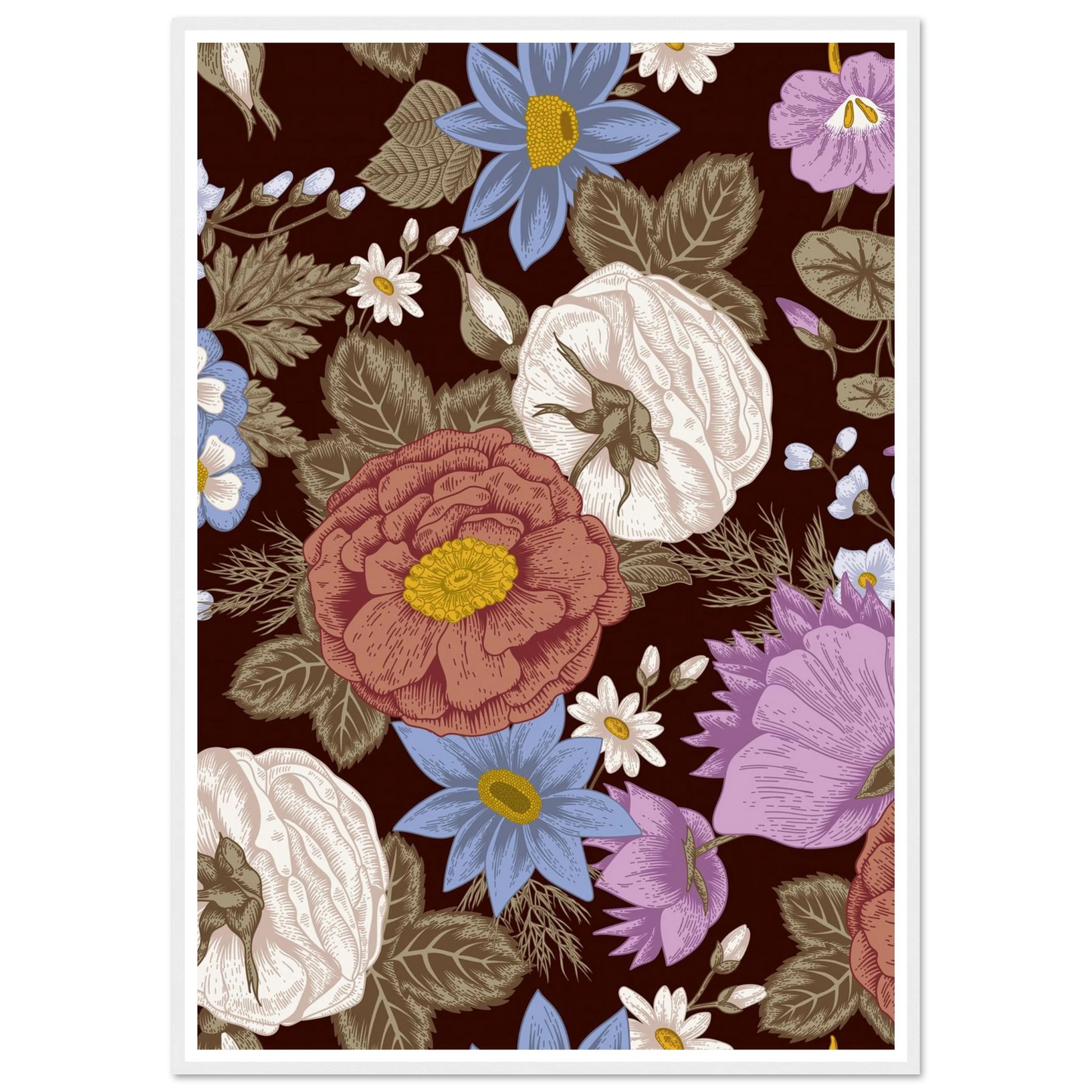 Burgundy Garden Riot Art Print | William Morris Inspired - Framed Poster - 30x30 cm / 12x12″ - Black frame