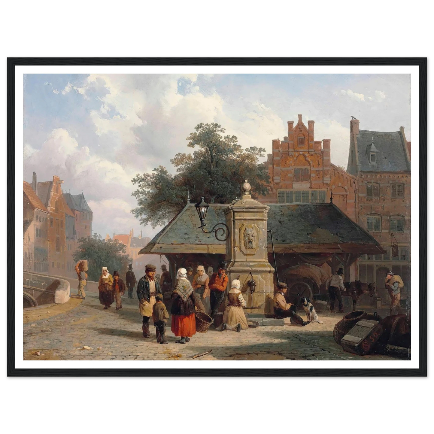 By the well in a Dutch town square (1850) Art Print | Cornelis Springer - Framed Poster - 30x40 cm / 12x16″ - Black frame