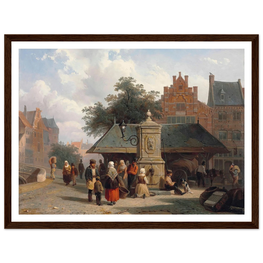 By the well in a Dutch town square (1850) Art Print | Cornelis Springer - Framed Poster - 30x40 cm / 12x16″ - Black frame