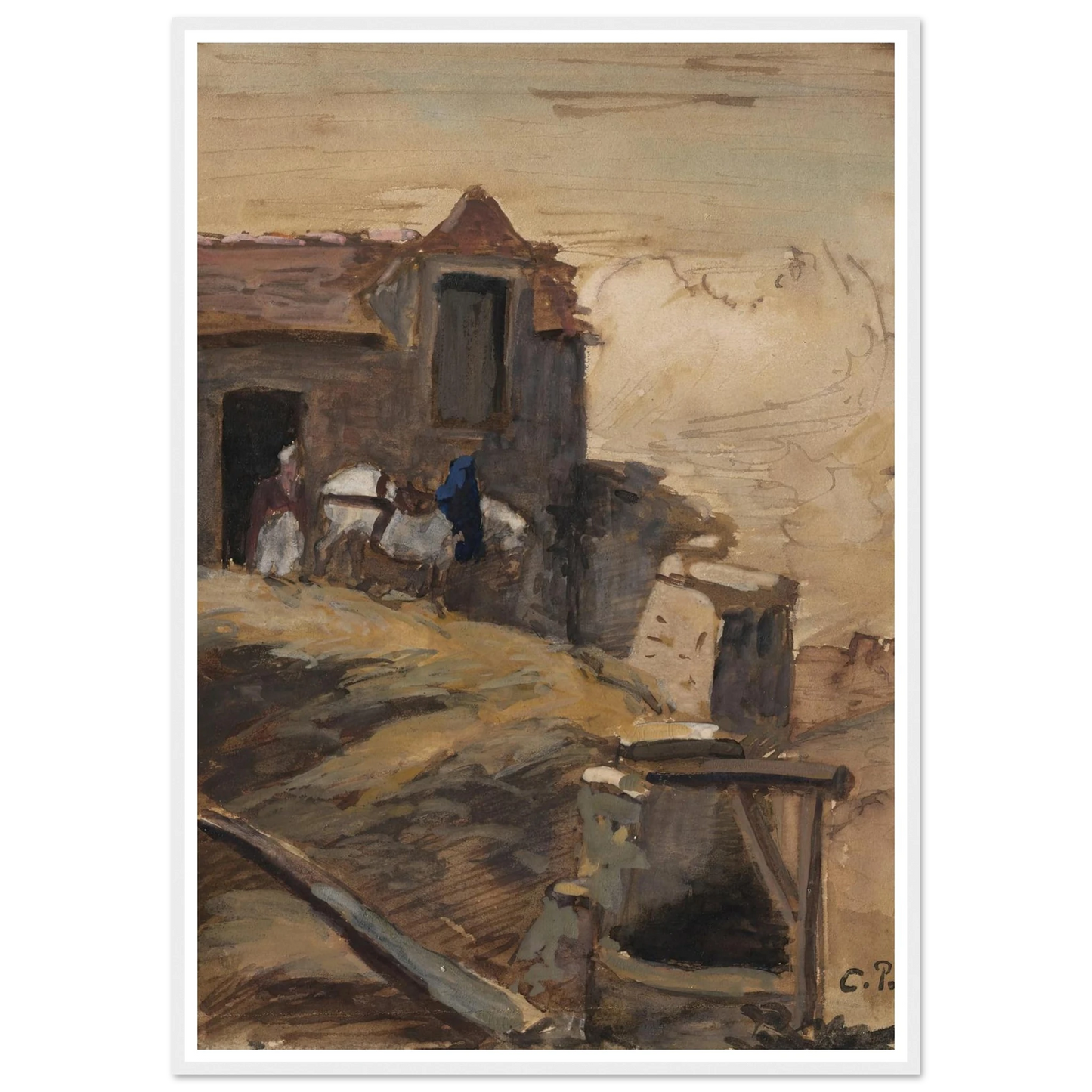 Cheval blanc devant une ferme (circa 1861-64) Art Print | Camille Pissarro-Quipham Collections