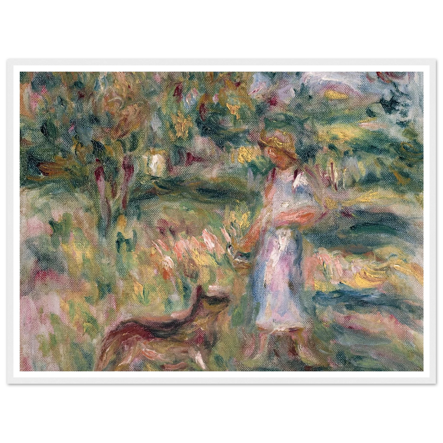 Paysage avec femme en bleu et Zaza à Cagnes (1919) Art Print | Pierre Auguste Renoir-Quipham Collections