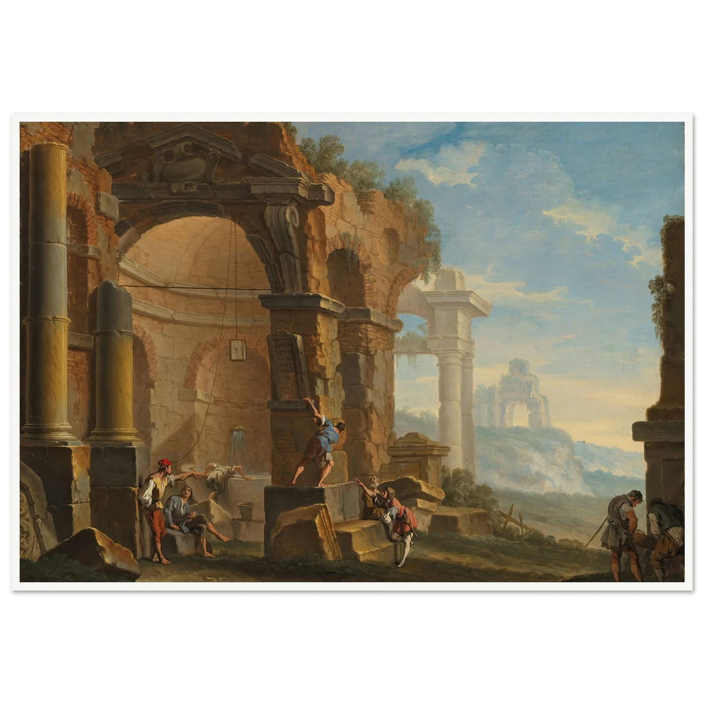 A capriccio with figures conversing by classical ruins Art Print | Sebastiano Ricci-Quipham Collections