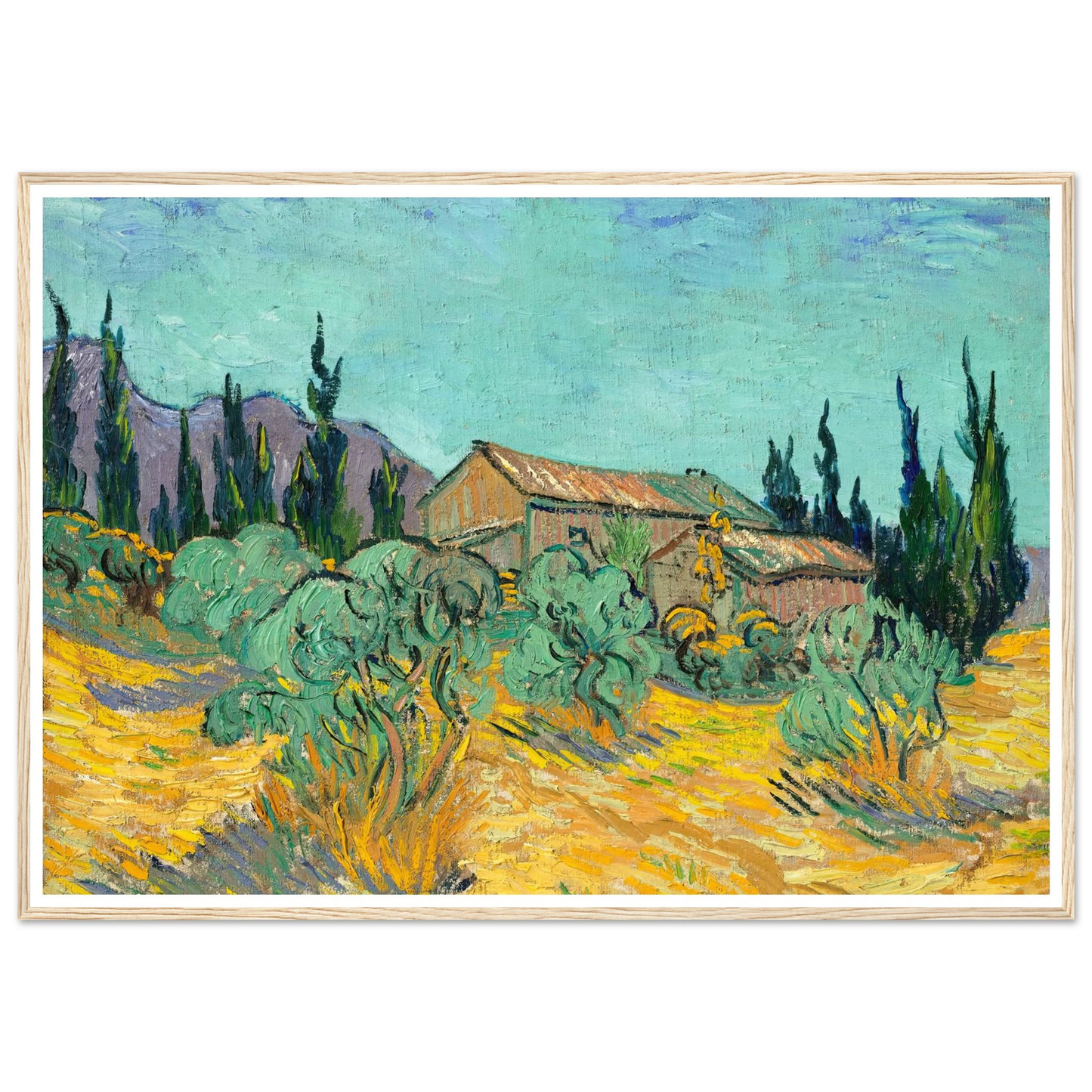 Cabanes de bois parmi les oliviers et cyprès (1889) Art Print | Vincent van Gogh - Framed Poster - 30x40 cm / 12x16″ - Black frame
