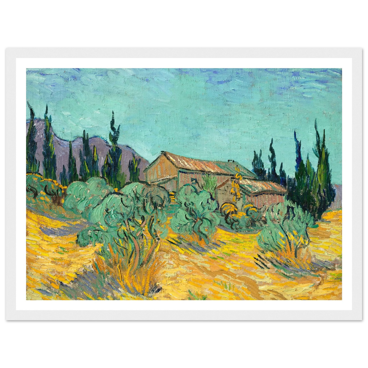 Cabanes de bois parmi les oliviers et cyprès (1889) Art Print | Vincent van Gogh - Framed Poster - 30x40 cm / 12x16″ - Black frame