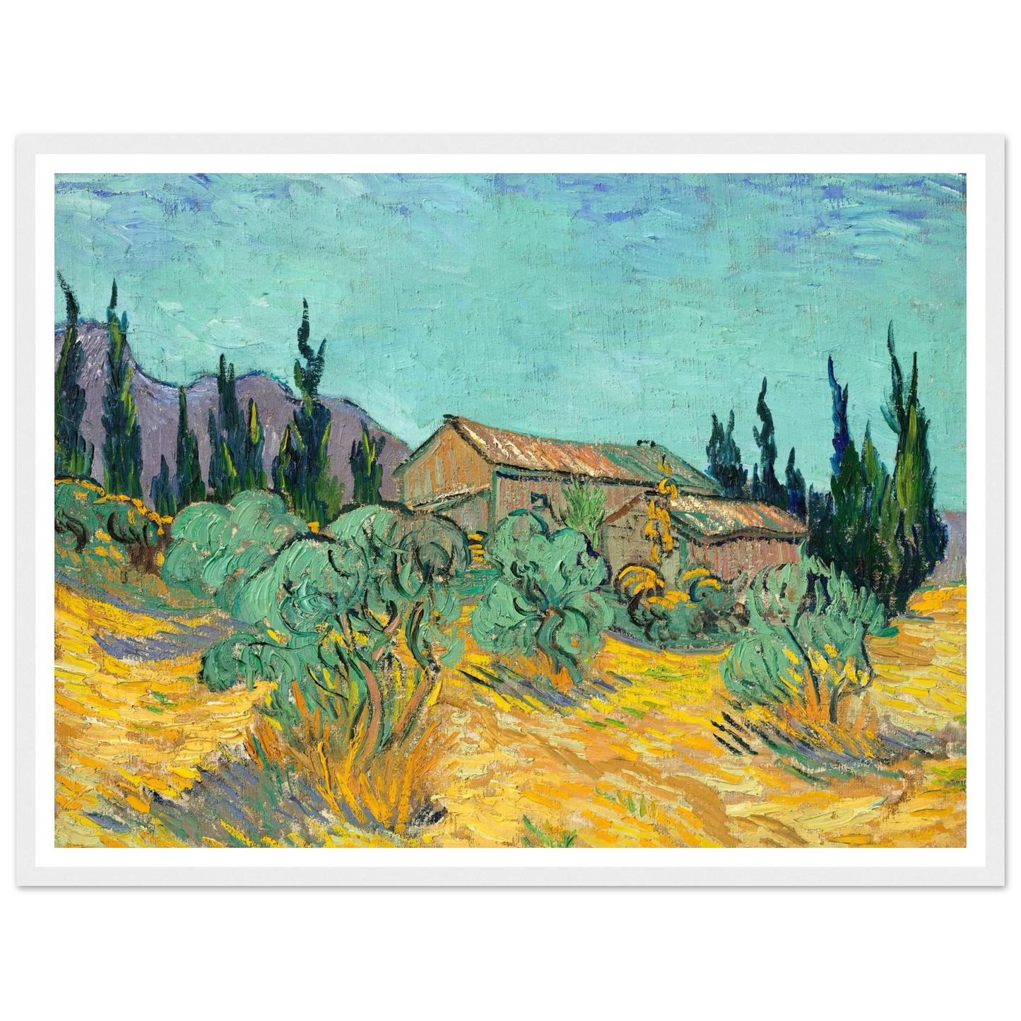 Cabanes de bois parmi les oliviers et cyprès (1889) Art Print | Vincent van Gogh - Framed Poster - 30x40 cm / 12x16″ - Black frame