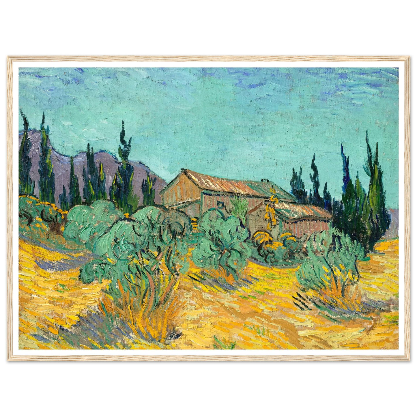 Cabanes de bois parmi les oliviers et cyprès (1889) Art Print | Vincent van Gogh - Framed Poster - 30x40 cm / 12x16″ - Black frame