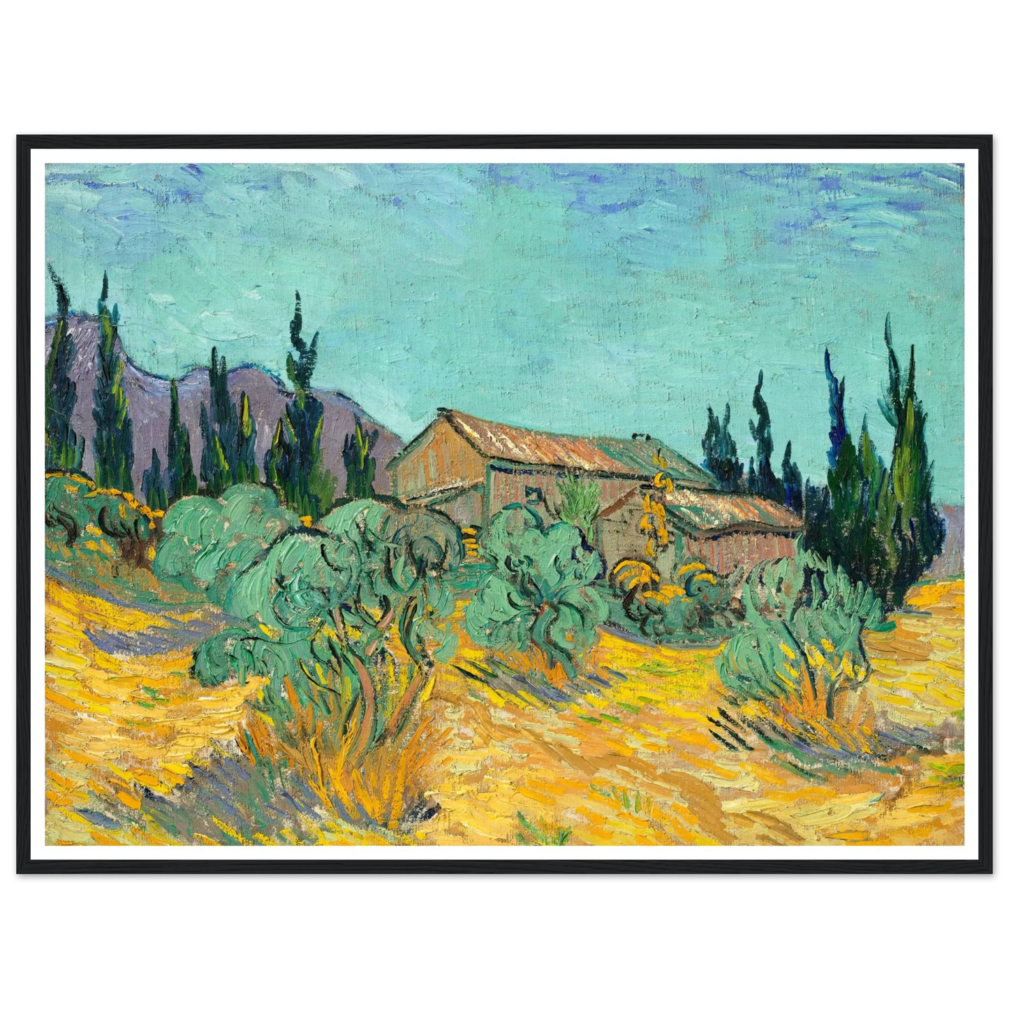 Cabanes de bois parmi les oliviers et cyprès (1889) Art Print | Vincent van Gogh - Framed Poster - 30x40 cm / 12x16″ - Black frame