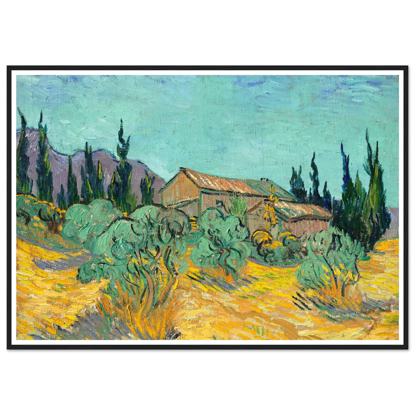 Cabanes de bois parmi les oliviers et cyprès (1889) Art Print | Vincent van Gogh - Framed Poster - 30x40 cm / 12x16″ - Black frame