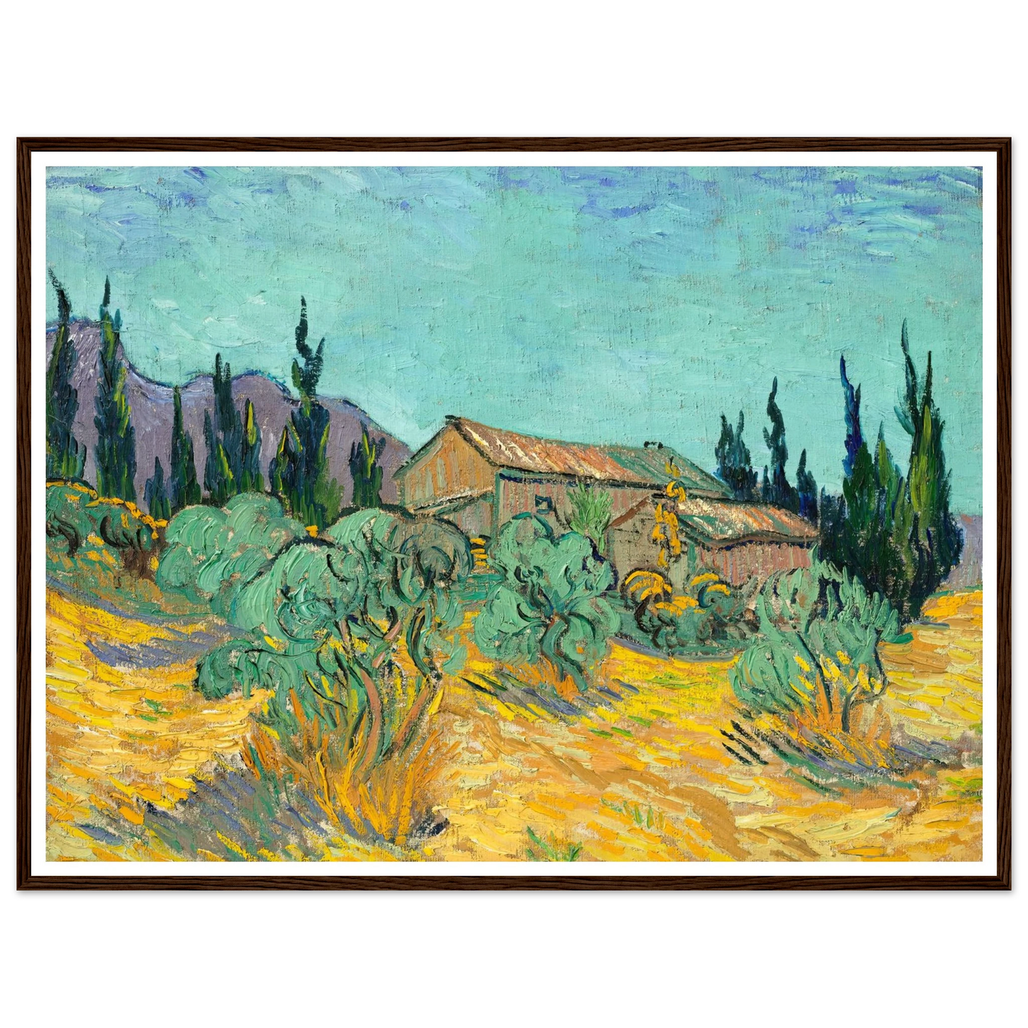 Cabanes de bois parmi les oliviers et cyprès (1889) Art Print | Vincent van Gogh - Framed Poster - 30x40 cm / 12x16″ - Black frame