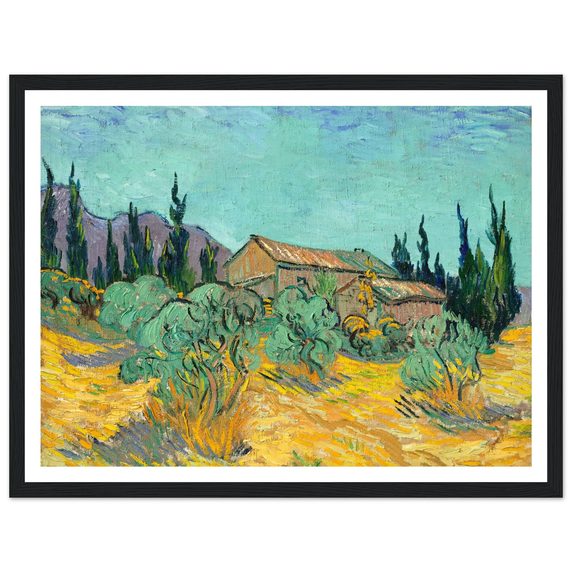 Cabanes de bois parmi les oliviers et cyprès (1889) Art Print | Vincent van Gogh - Framed Poster - 30x40 cm / 12x16″ - Black frame