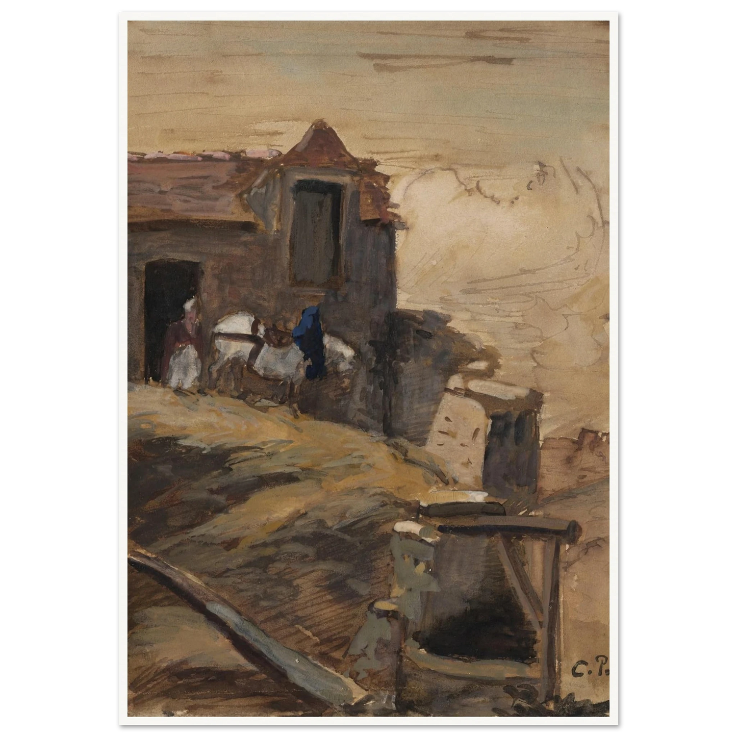 Cheval blanc devant une ferme (circa 1861-64) Art Print | Camille Pissarro-Quipham Collections