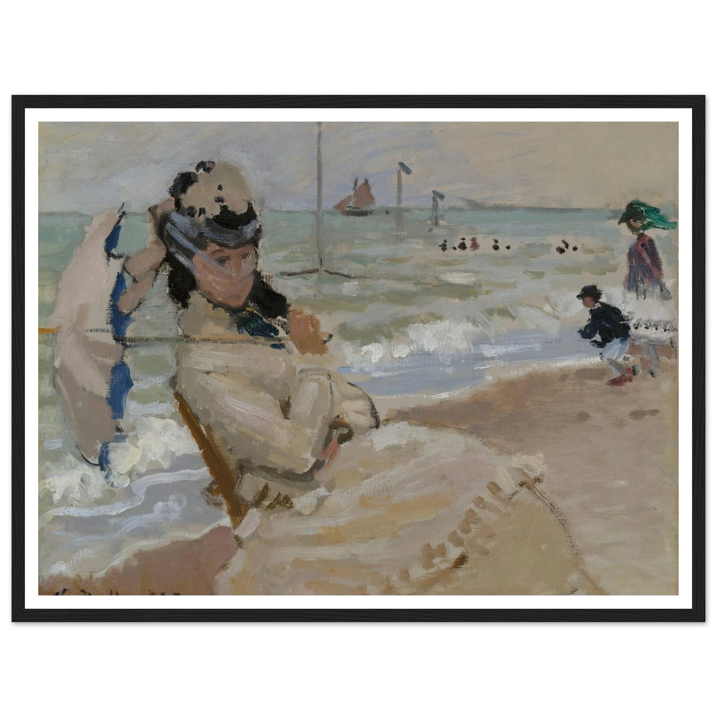 Camille on the Beach in Trouville (1870) Art Print | Claude Monet - Framed Poster - 30x40 cm / 12x16″ - Black frame