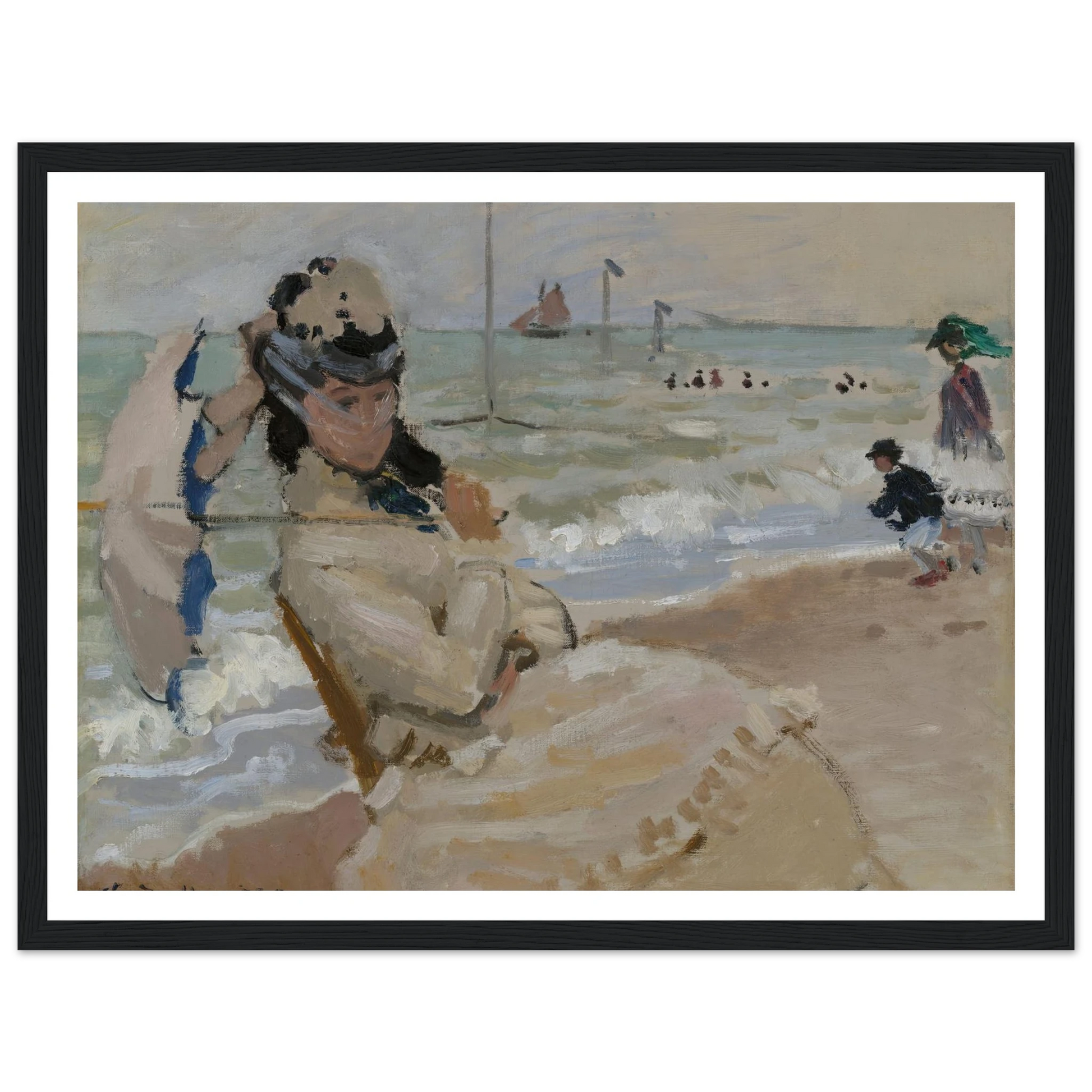 Camille on the Beach in Trouville (1870) Art Print | Claude Monet - Framed Poster - 30x40 cm / 12x16″ - Black frame