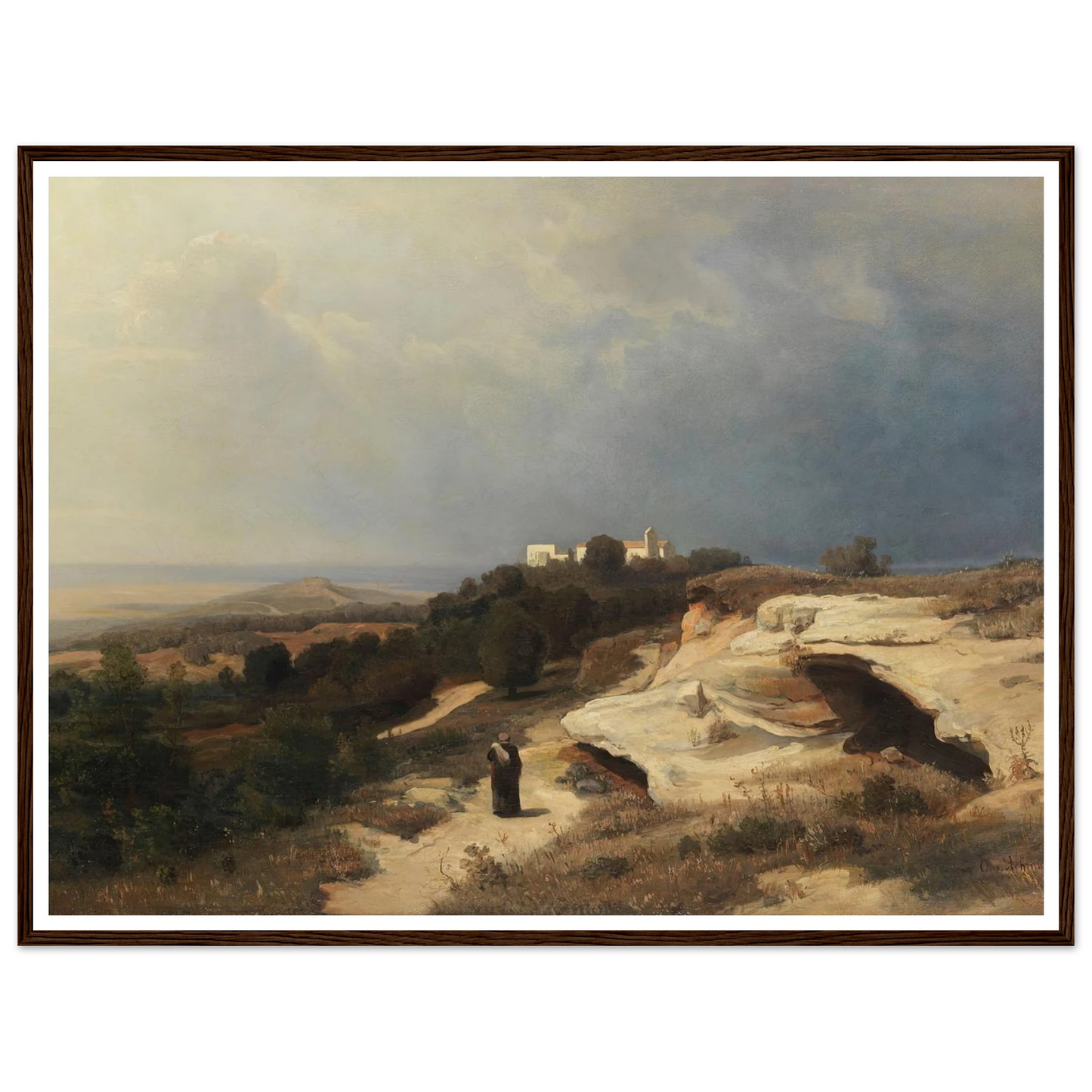 Campagnalandschaft mit wanderndem Mönch (1850) Art Print | Oswald Achenbach - Framed Poster - 30x40 cm / 12x16″ - Black frame