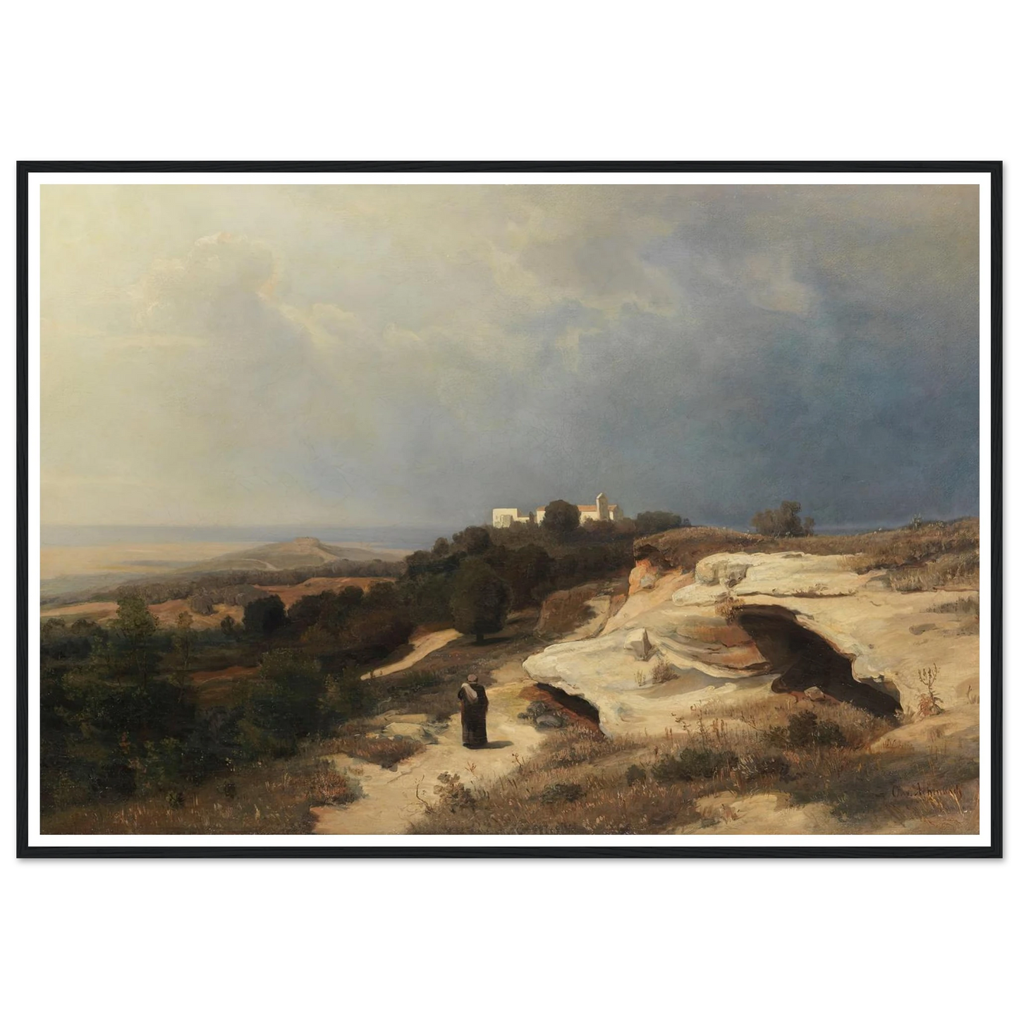 Campagnalandschaft mit wanderndem Mönch (1850) Art Print | Oswald Achenbach - Framed Poster - 30x40 cm / 12x16″ - Black frame