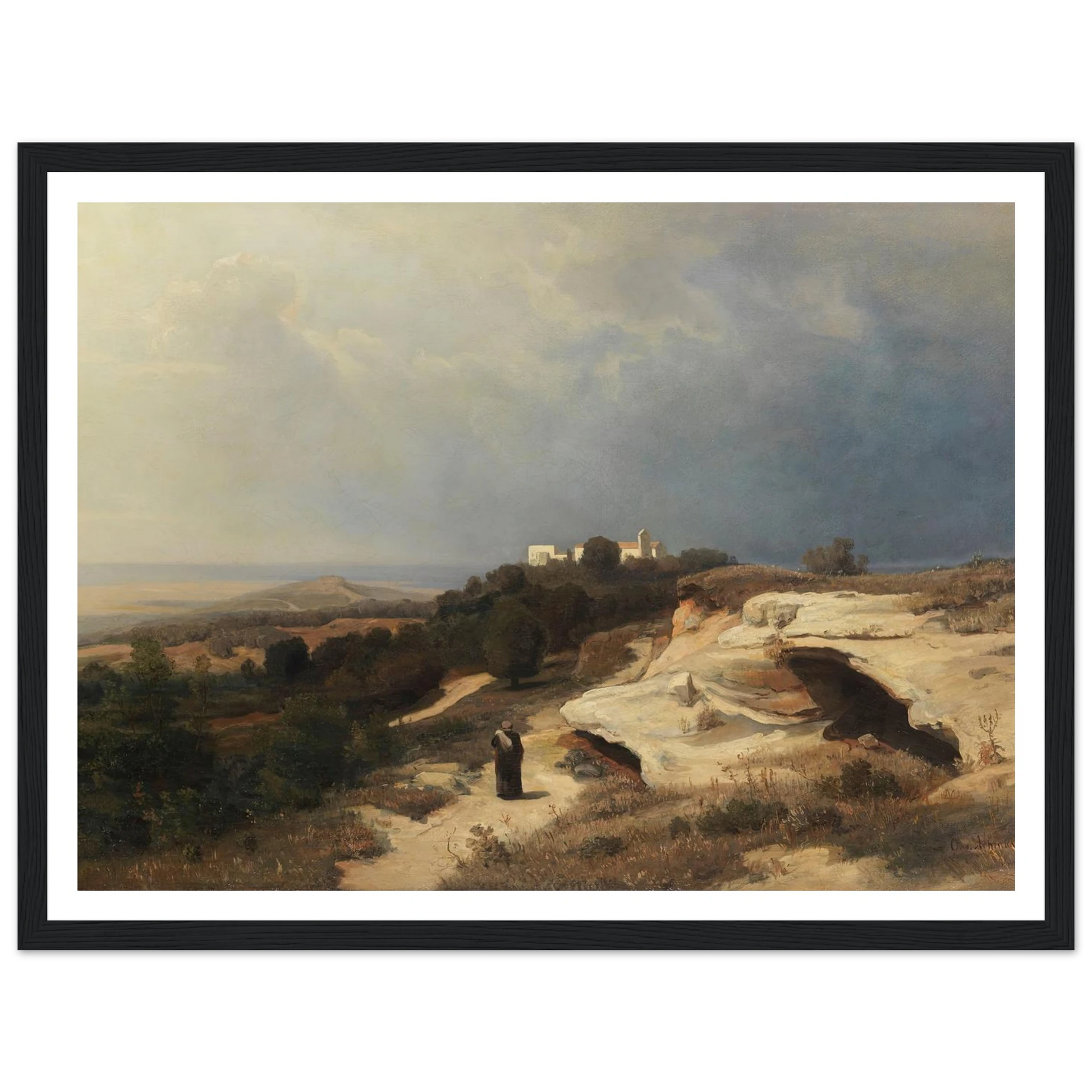Campagnalandschaft mit wanderndem Mönch (1850) Art Print | Oswald Achenbach - Framed Poster - 30x40 cm / 12x16″ - Black frame