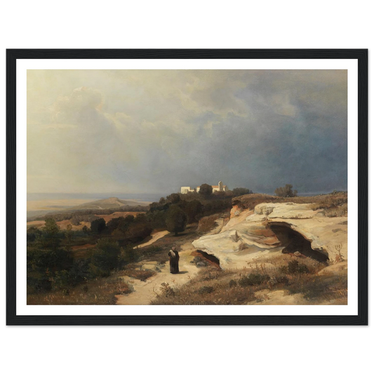 Campagnalandschaft mit wanderndem Mönch (1850) Art Print | Oswald Achenbach - Framed Poster - 30x40 cm / 12x16″ - Black frame