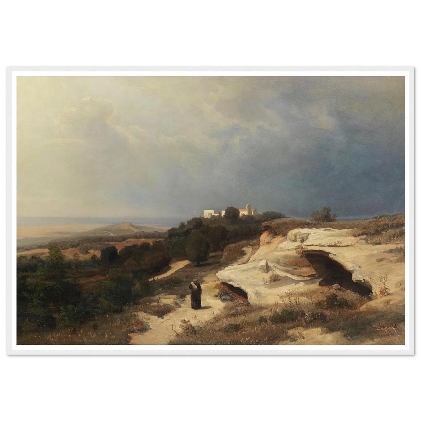 Campagnalandschaft mit wanderndem Mönch (1850) Art Print | Oswald Achenbach - Framed Poster - 30x40 cm / 12x16″ - Black frame