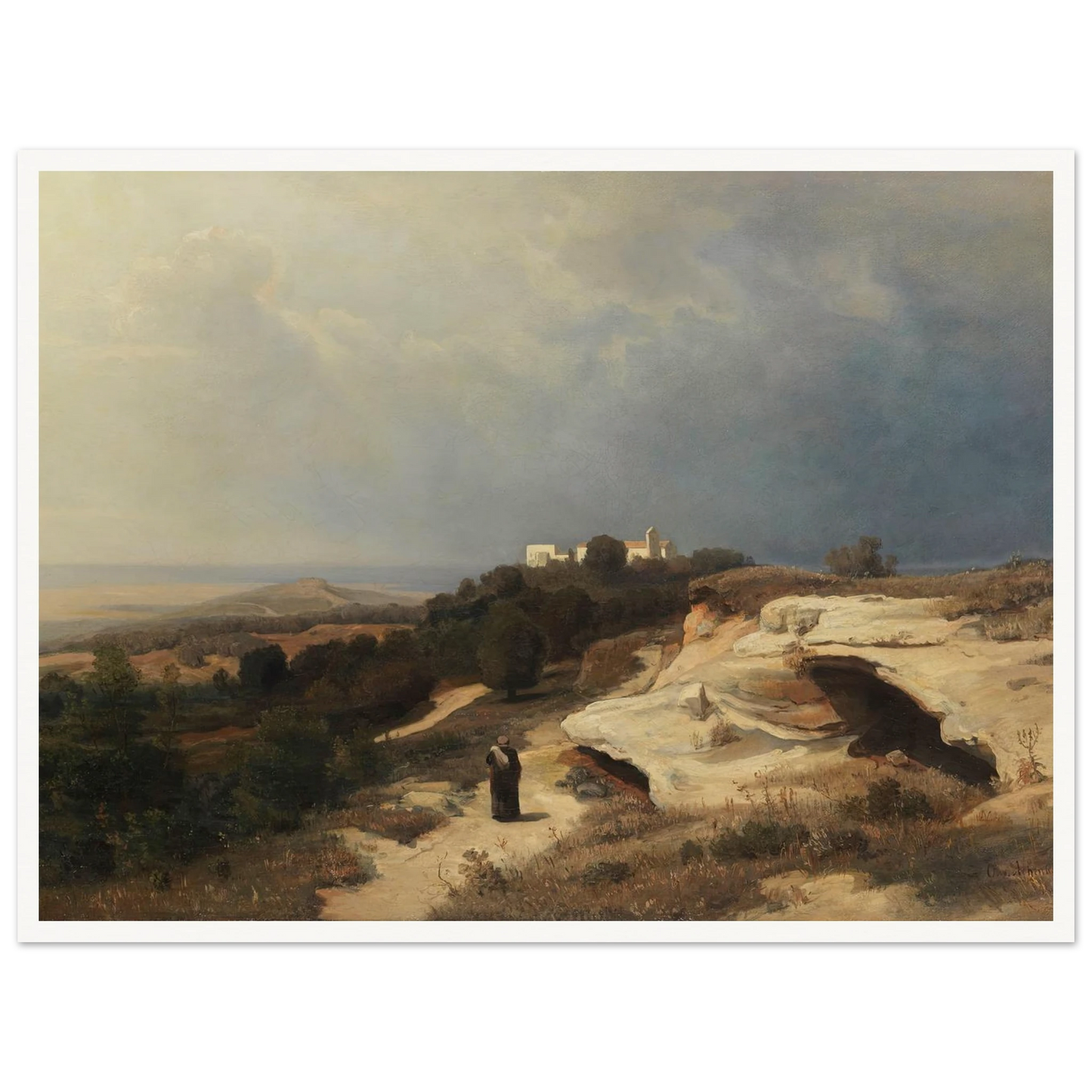 Campagnalandschaft mit wanderndem Mönch (1850) Art Print | Oswald Achenbach - Framed Poster - 30x40 cm / 12x16″ - Black frame