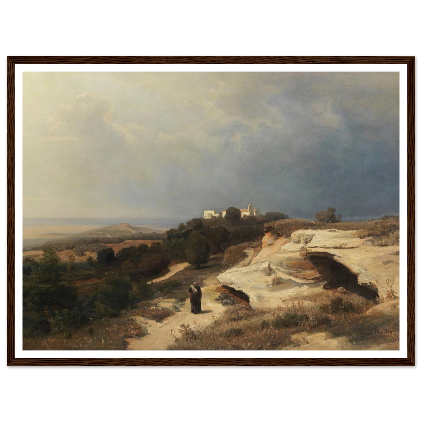 Campagnalandschaft mit wanderndem Mönch (1850) Art Print | Oswald Achenbach - Framed Poster - 30x40 cm / 12x16″ - Black frame