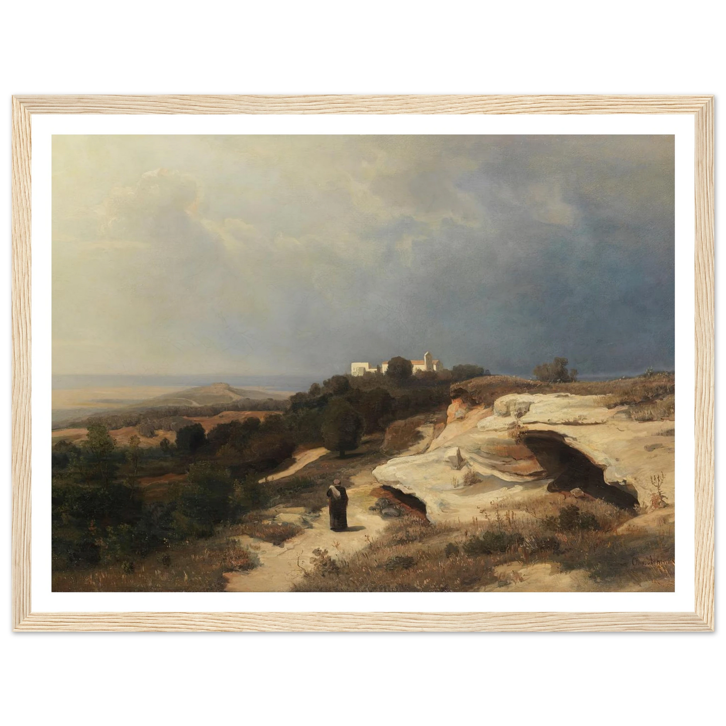 Campagnalandschaft mit wanderndem Mönch (1850) Art Print | Oswald Achenbach - Framed Poster - 30x40 cm / 12x16″ - Black frame