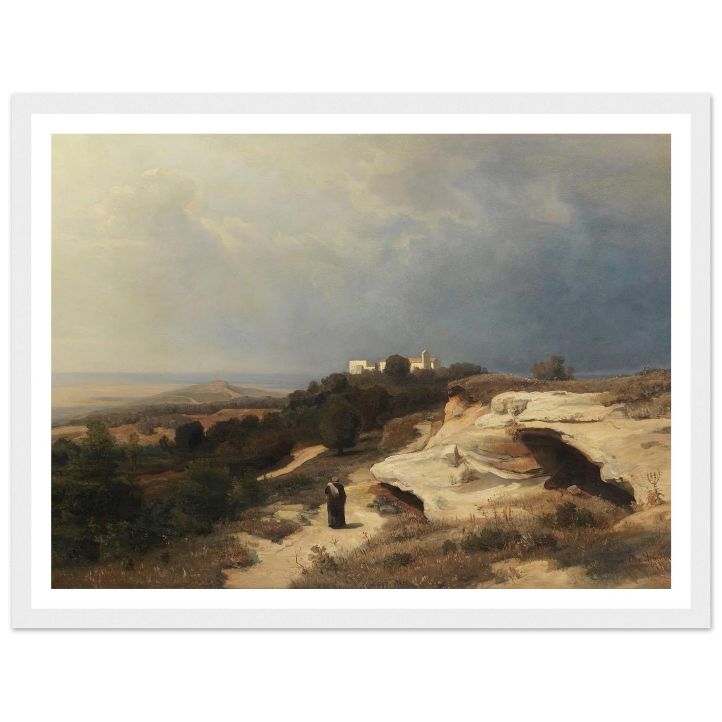 Campagnalandschaft mit wanderndem Mönch (1850) Art Print | Oswald Achenbach - Framed Poster - 30x40 cm / 12x16″ - Black frame