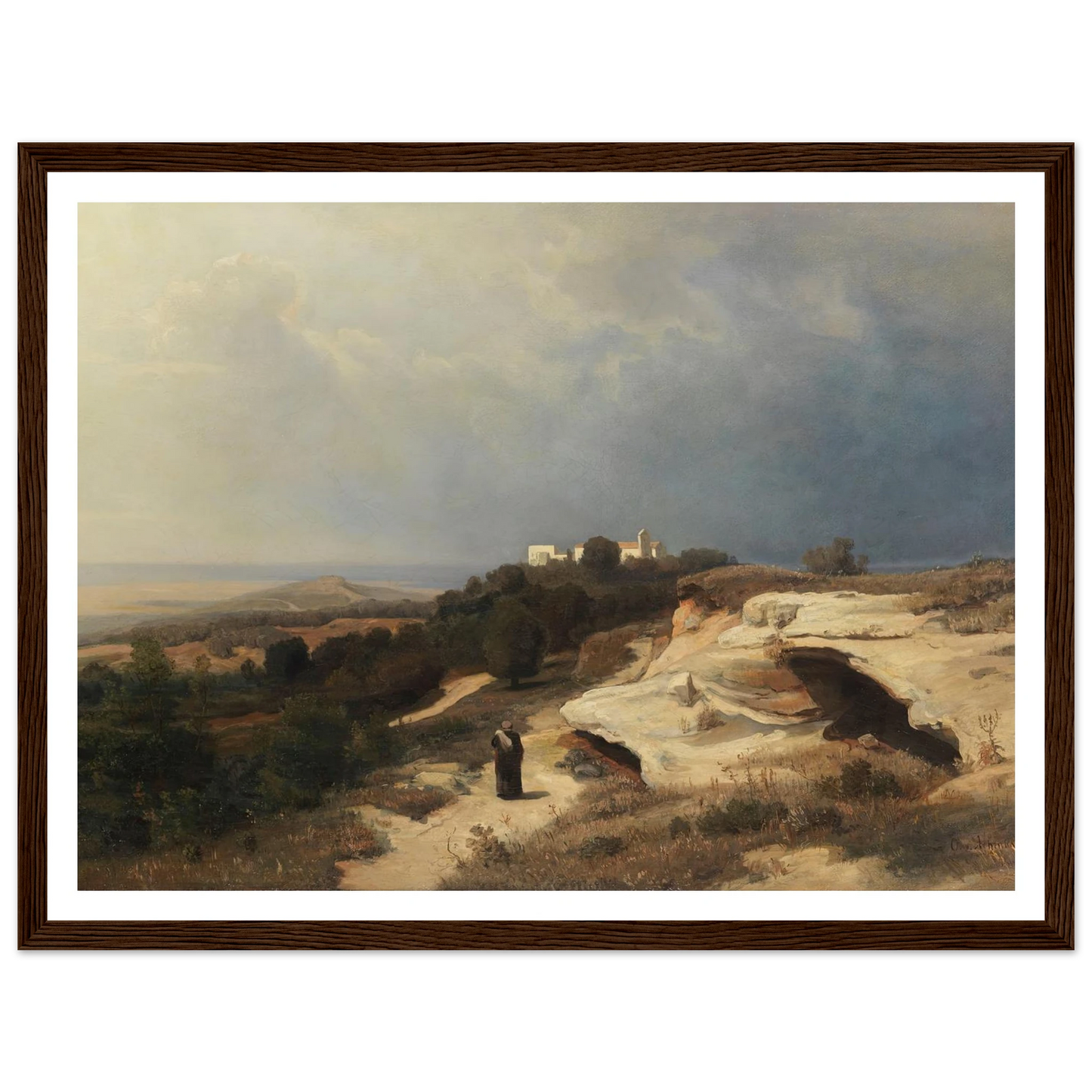 Campagnalandschaft mit wanderndem Mönch (1850) Art Print | Oswald Achenbach - Framed Poster - 30x40 cm / 12x16″ - Black frame