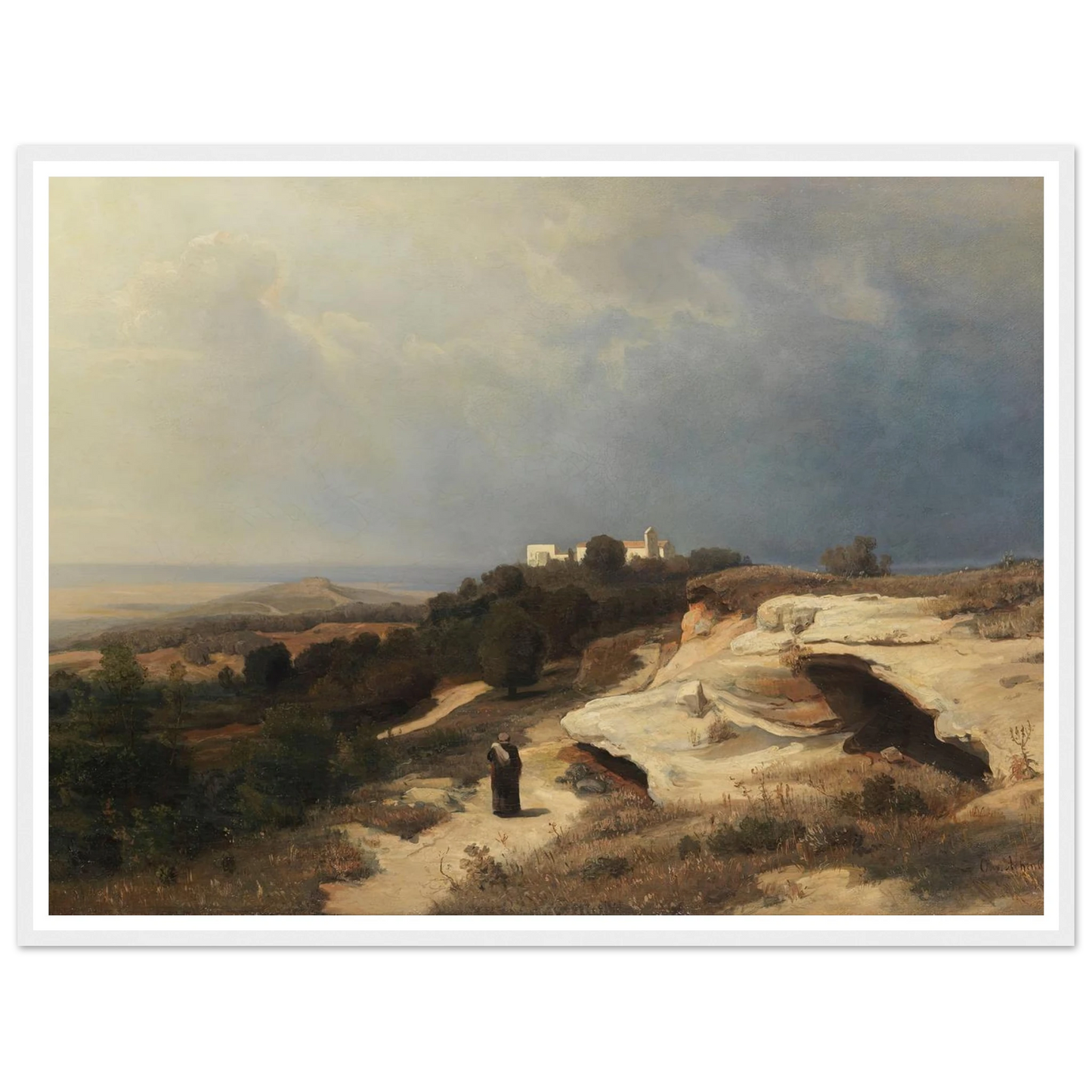 Campagnalandschaft mit wanderndem Mönch (1850) Art Print | Oswald Achenbach - Framed Poster - 30x40 cm / 12x16″ - Black frame