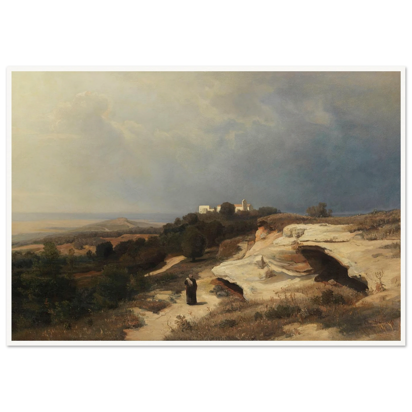 Campagnalandschaft mit wanderndem Mönch (1850) Art Print | Oswald Achenbach - Framed Poster - 30x40 cm / 12x16″ - Black frame