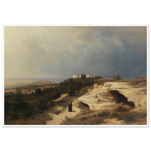 Campagnalandschaft mit wanderndem Mönch (1850) Art Print | Oswald Achenbach - Framed Poster - 30x40 cm / 12x16″ - Black frame