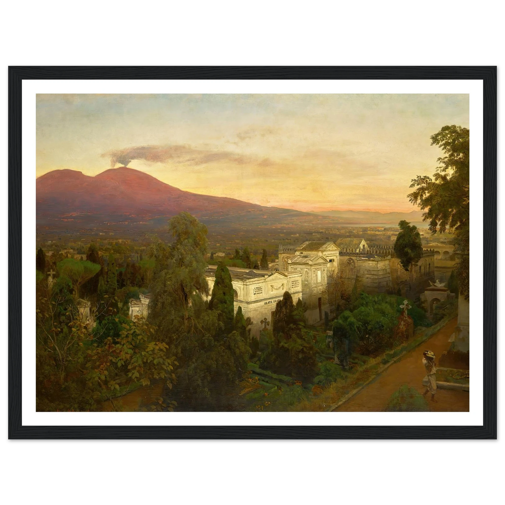 Campo Santo in Poggioreale, the Vesuvius Beyond Art Print | Oswald Achenbach - Framed Poster - 30x40 cm / 12x16″ - Black frame
