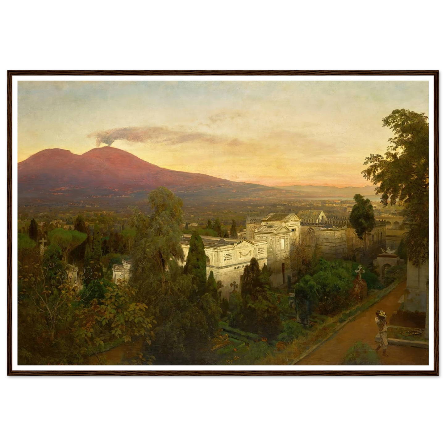 Campo Santo in Poggioreale, the Vesuvius Beyond Art Print | Oswald Achenbach - Framed Poster - 30x40 cm / 12x16″ - Black frame