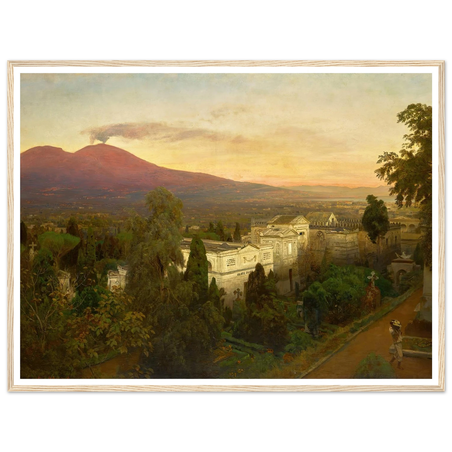 Campo Santo in Poggioreale, the Vesuvius Beyond Art Print | Oswald Achenbach - Framed Poster - 30x40 cm / 12x16″ - Black frame