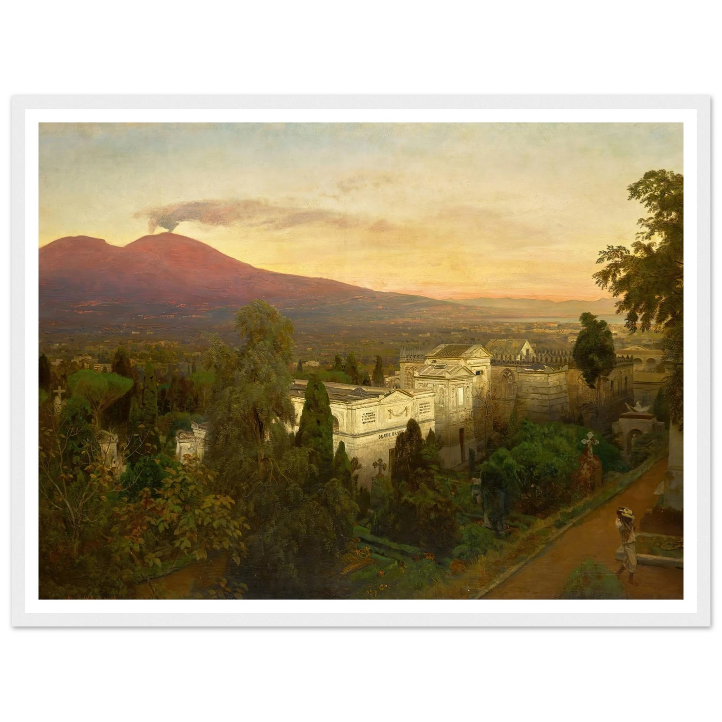 Campo Santo in Poggioreale, the Vesuvius Beyond Art Print | Oswald Achenbach - Framed Poster - 30x40 cm / 12x16″ - Black frame