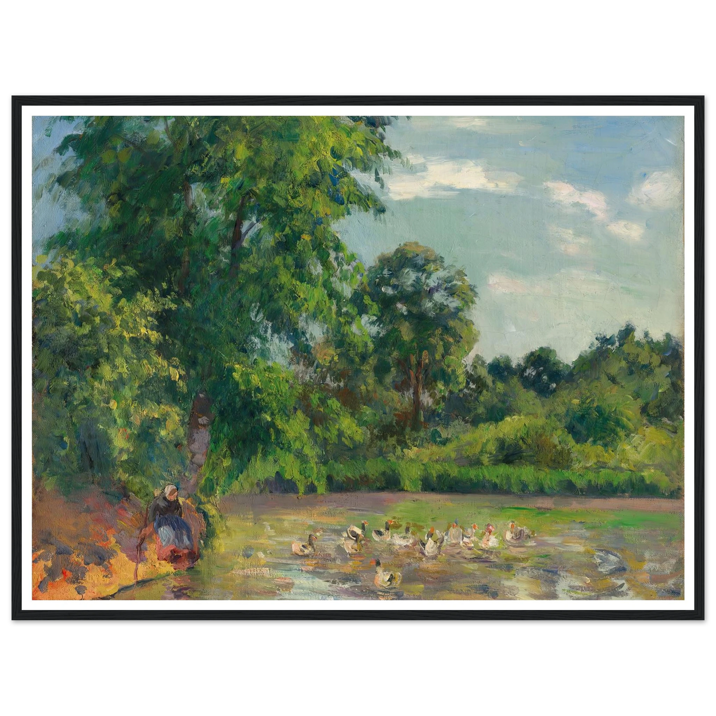 Canards sur l’étang de Montfoucault (circa 1874) Art Print | Camille Pissarro - Framed Poster - 30x40 cm / 12x16″ - Black frame